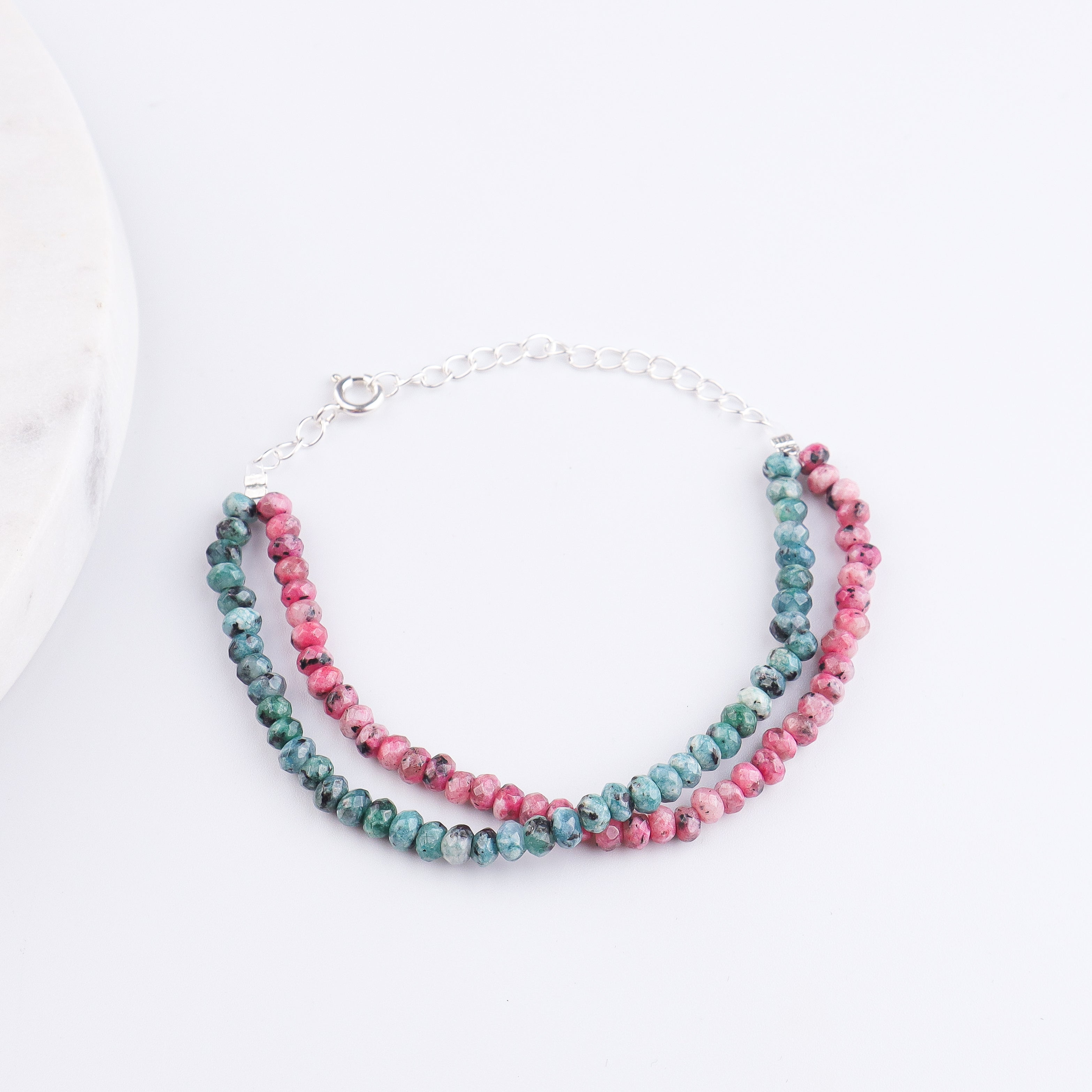Pink & Green Jade Silver Bracelet (Project Handmade)