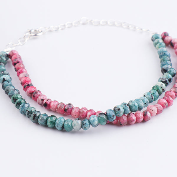 Pink & Green Jade Silver Bracelet (Project Handmade)