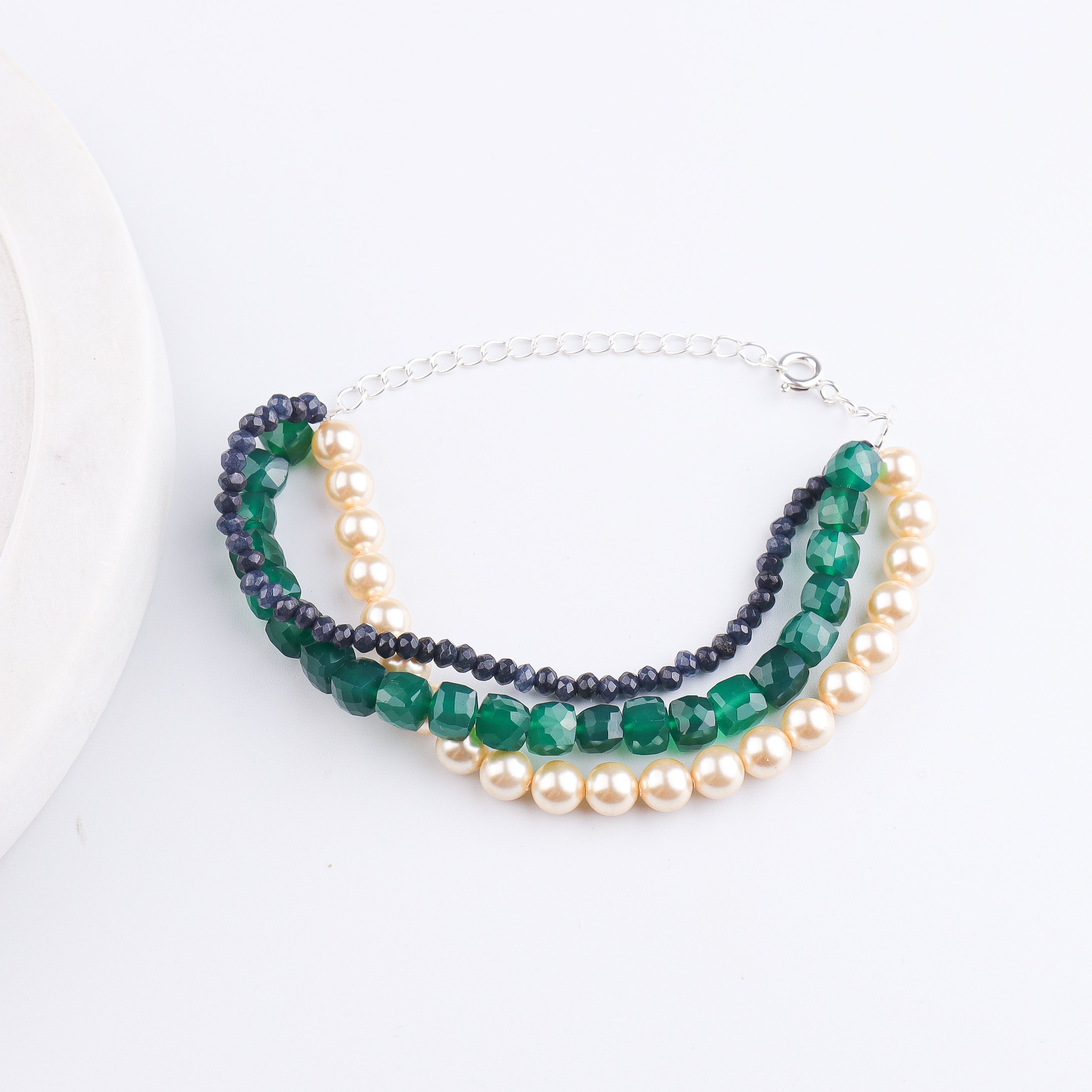 Green Onyx, Blue Jade & Pearl Silver Bracelet (Project Handmade)