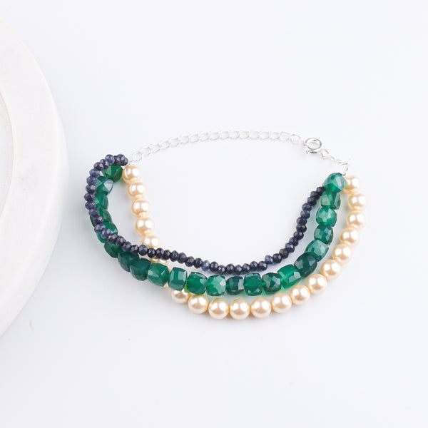 Green Onyx, Blue Jade & Pearl Silver Bracelet (Project Handmade)