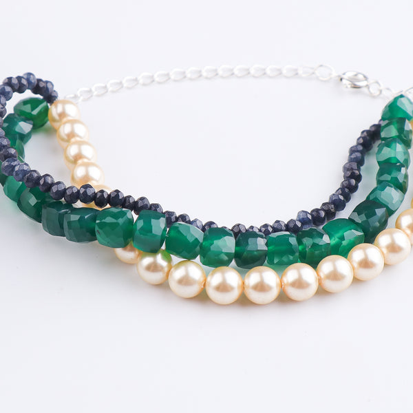 Green Onyx, Blue Jade & Pearl Silver Bracelet (Project Handmade)