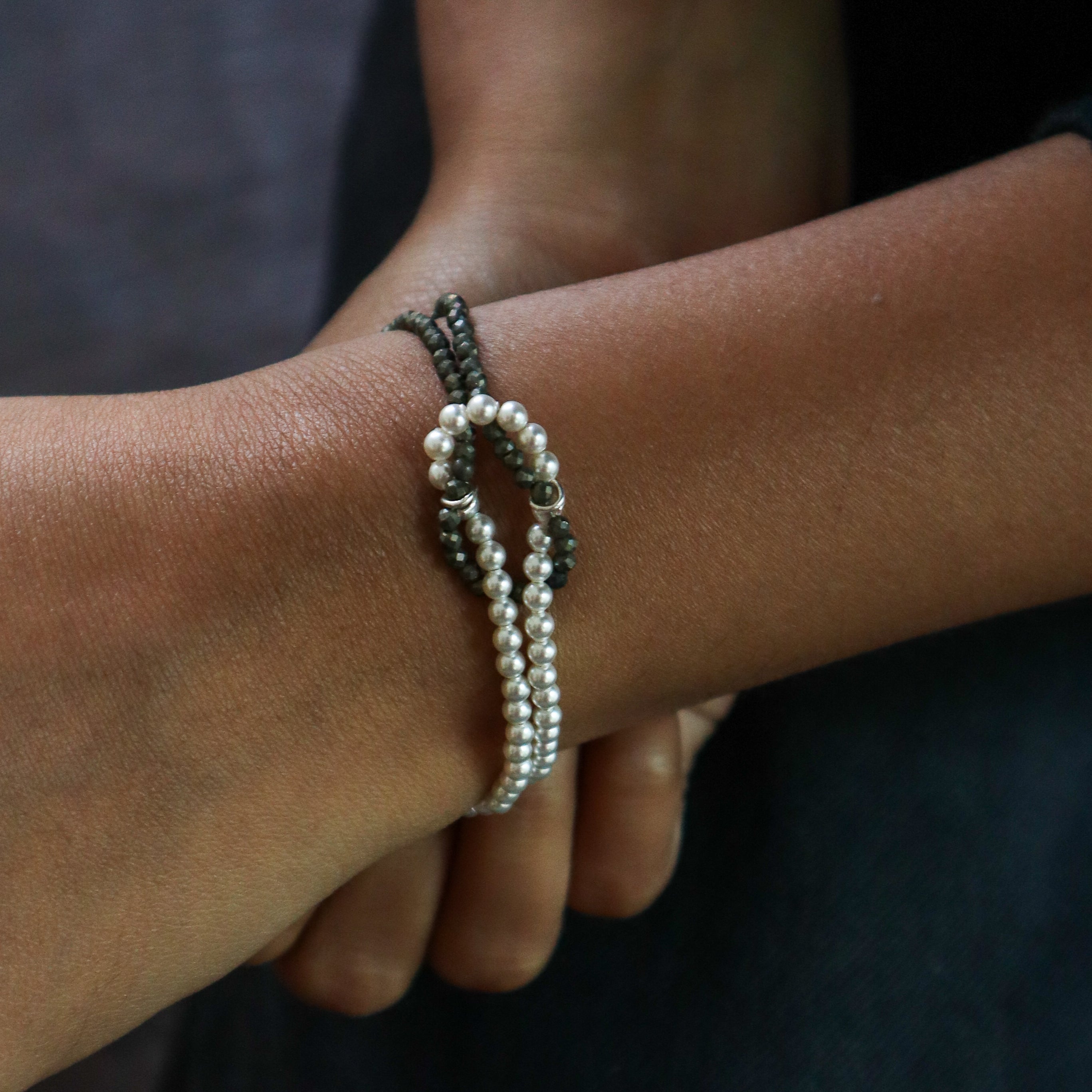 Pyrite pearl silver bracelet handcrafted detailing