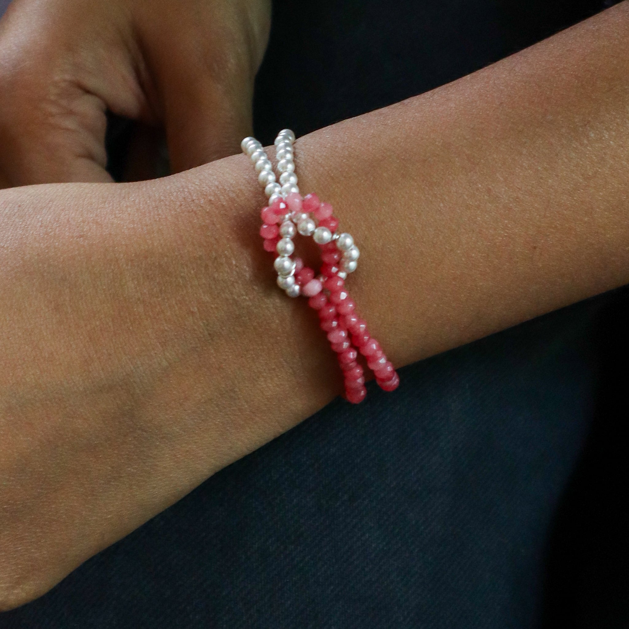 Pink jade pearl silver bracelet handcrafted detailing