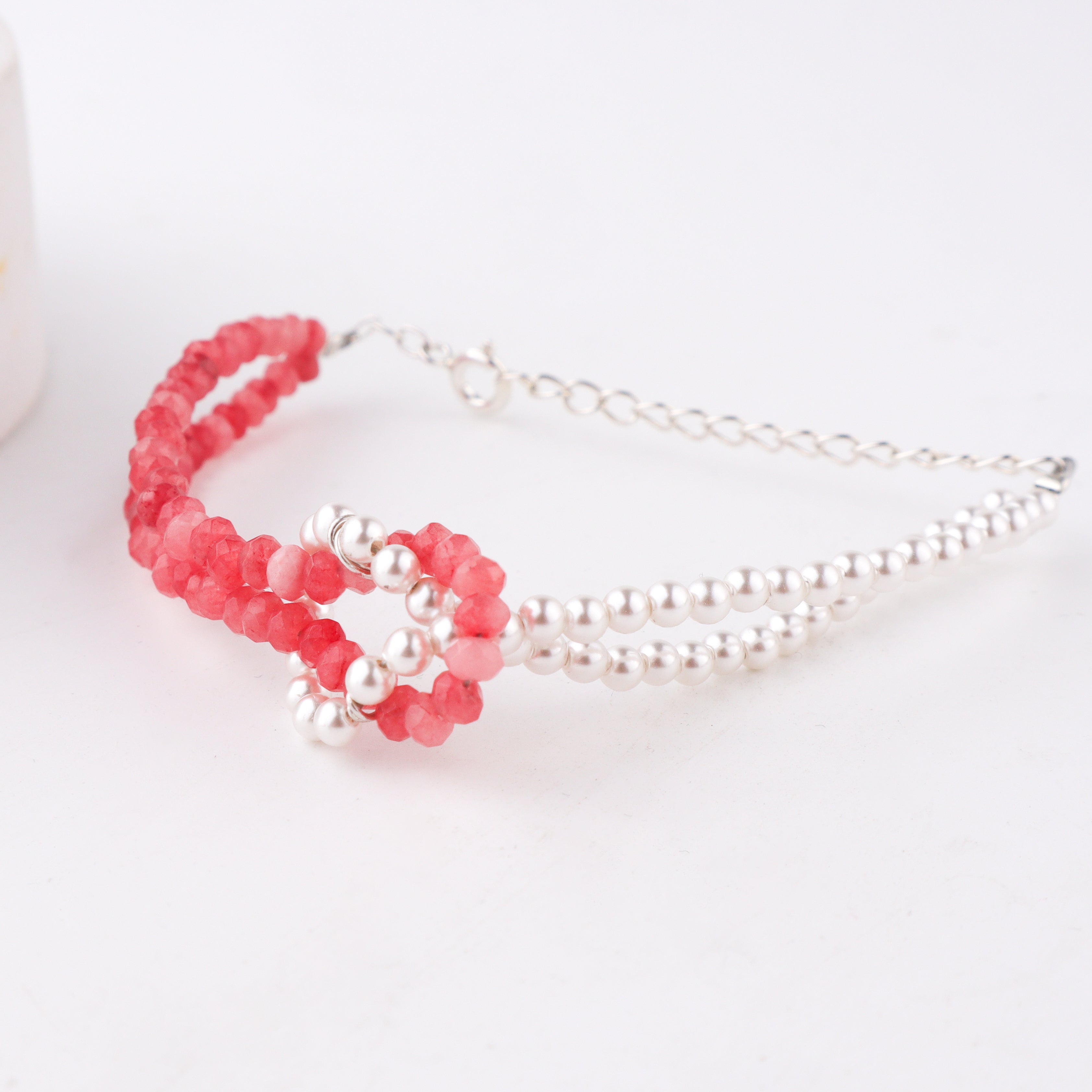 Handcrafted pink jade and pearl bracelet polished finish