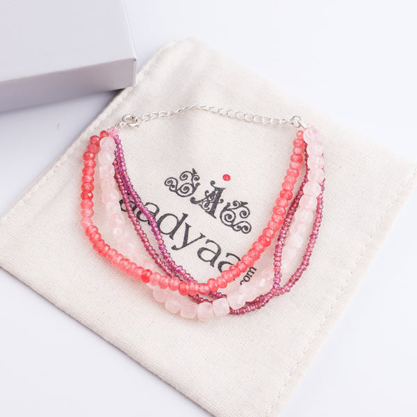 Rose Quartz, Pink Jade & Lab Grown Ruby Silver Bracelet (Project Handmade)
