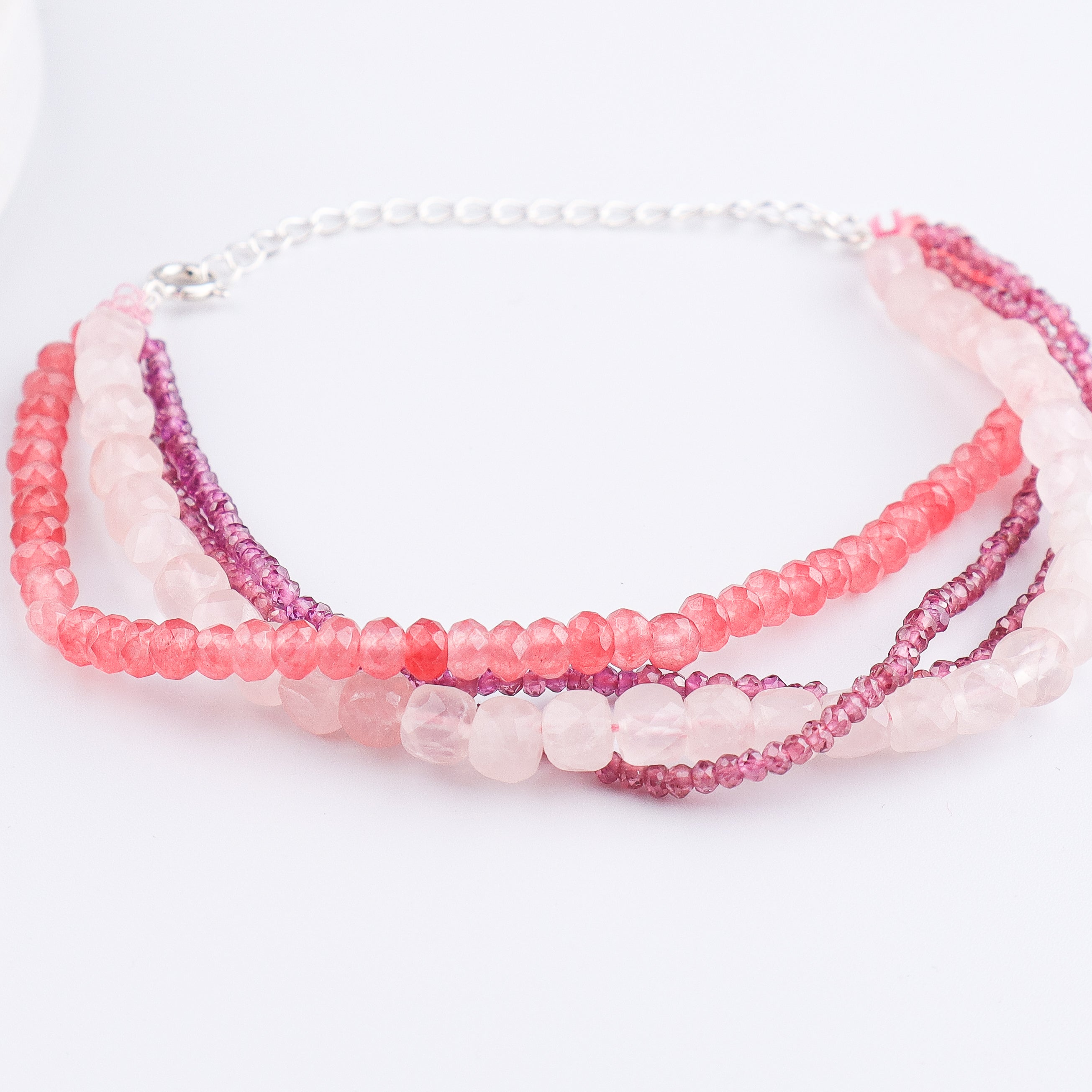 Rose Quartz, Pink Jade & Lab Grown Ruby Silver Bracelet (Project Handmade)