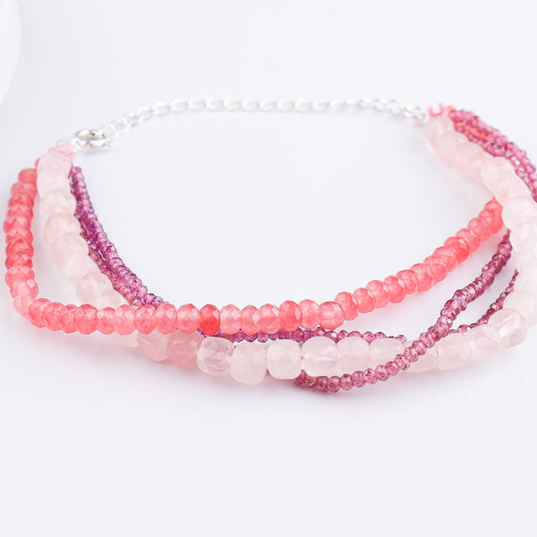 Rose Quartz, Pink Jade & Lab Grown Ruby Silver Bracelet (Project Handmade)
