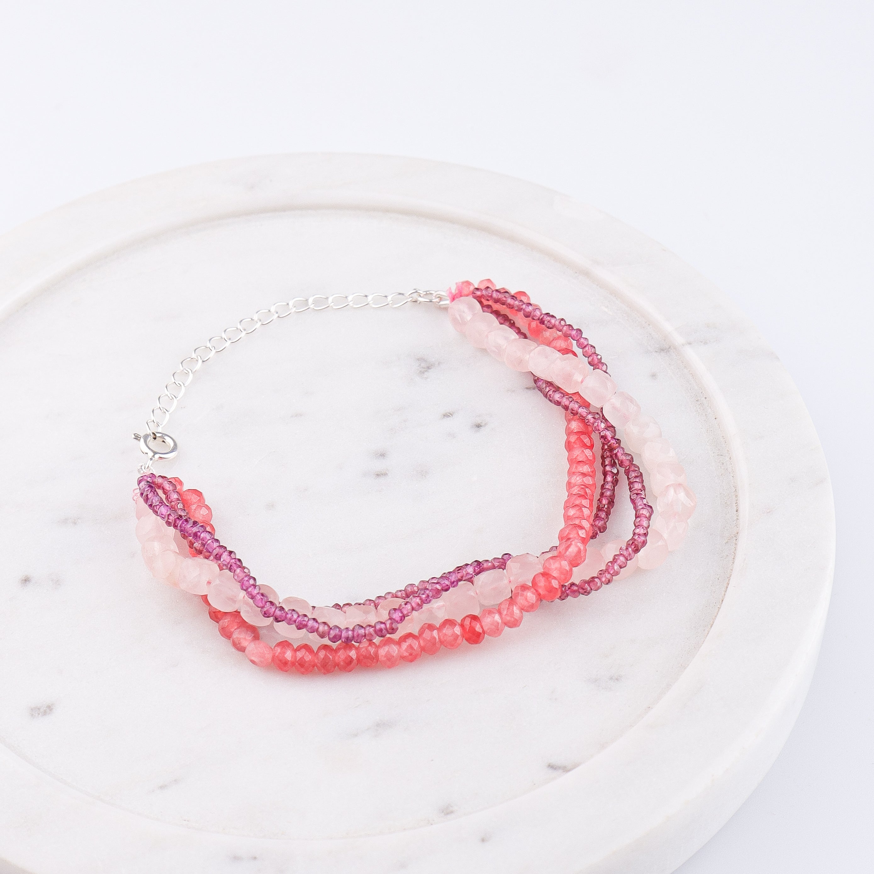 Rose Quartz, Pink Jade & Lab Grown Ruby Silver Bracelet (Project Handmade)
