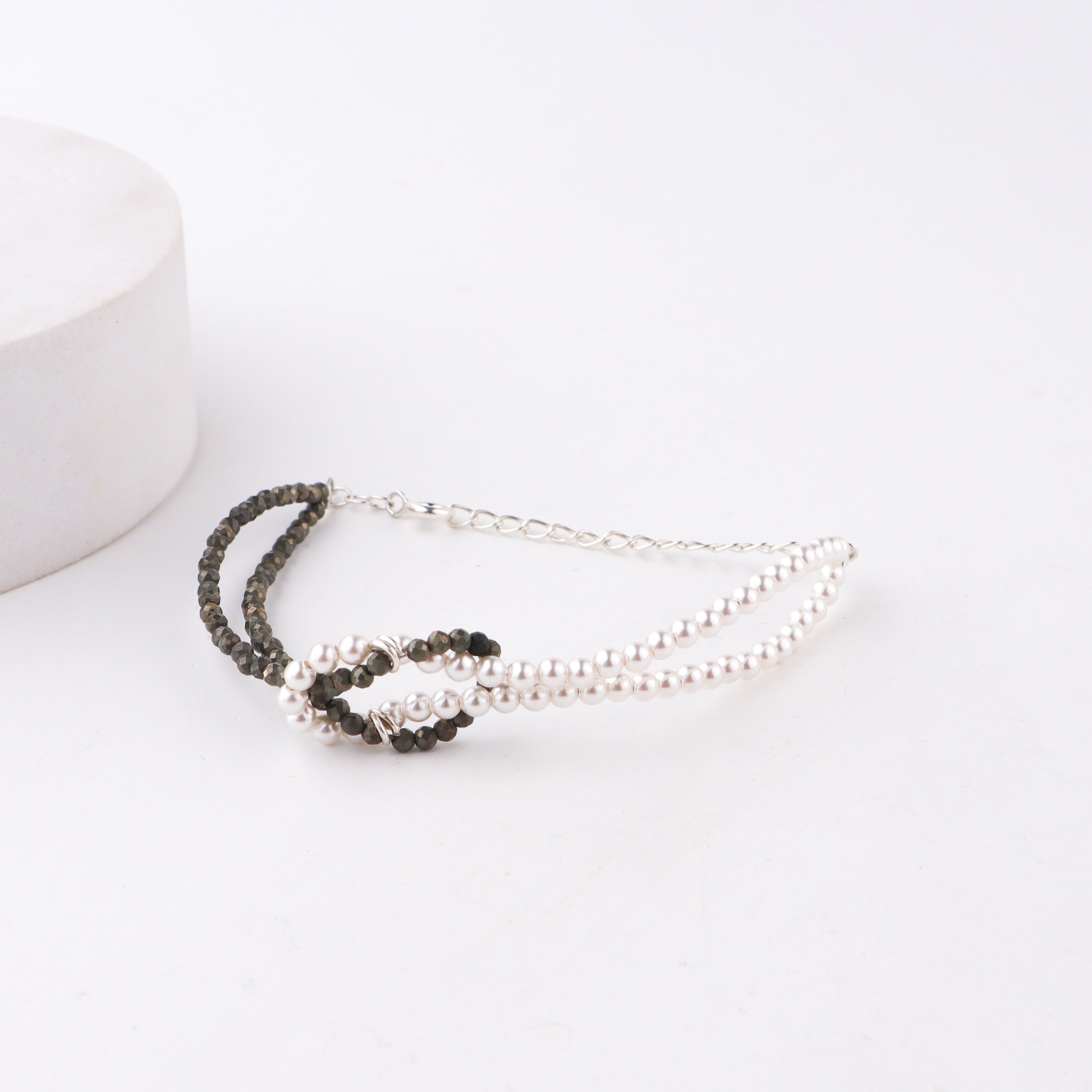 Handcrafted pyrite and pearl bracelet polished finish