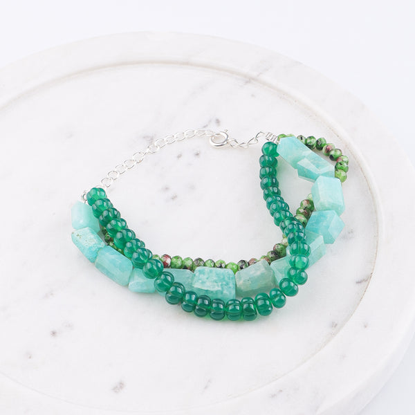 Amazonite, Green Onyx & Green Jade Silver Bracelet (Project Handmade)