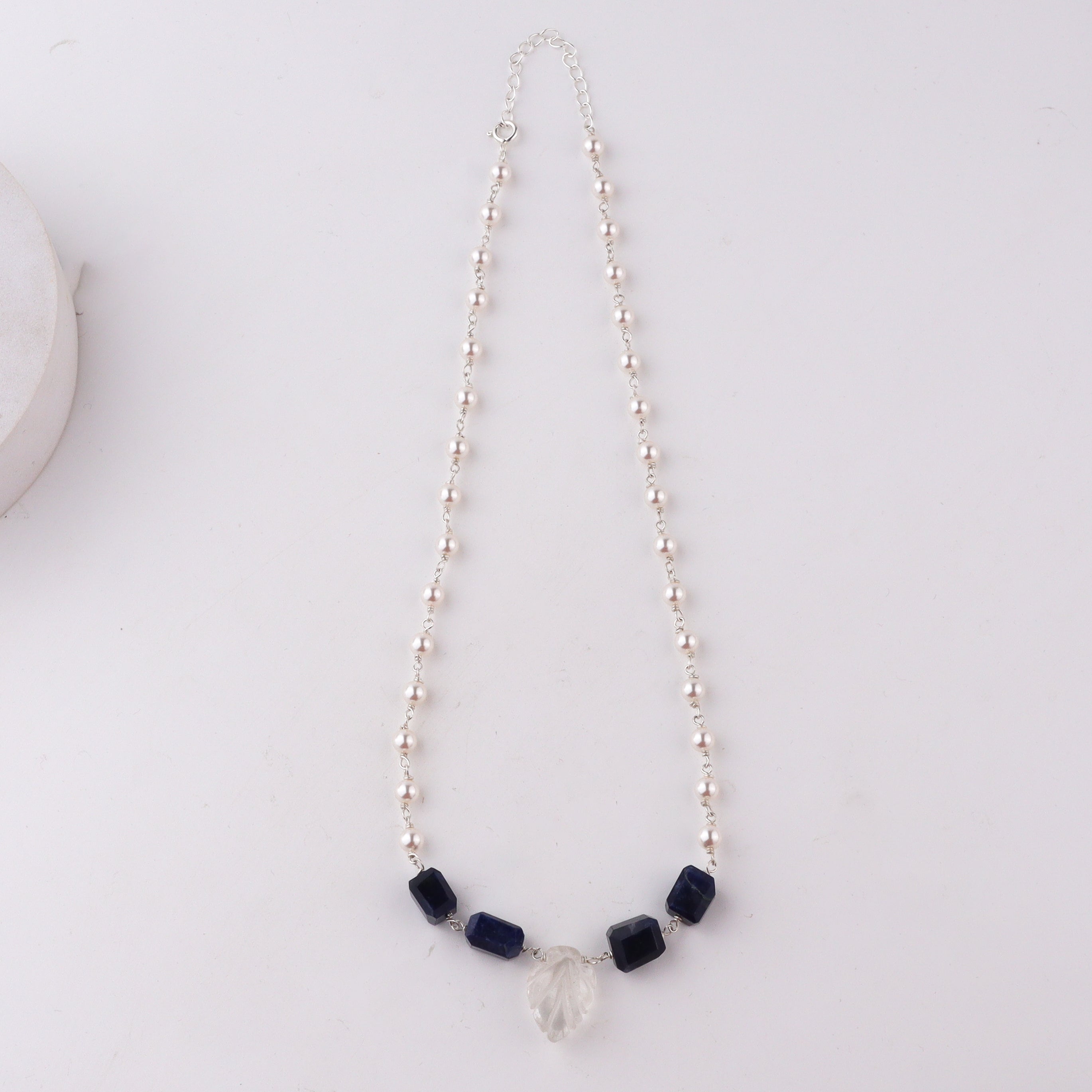 Lapis lazuli pearl silver necklace with crystal accents