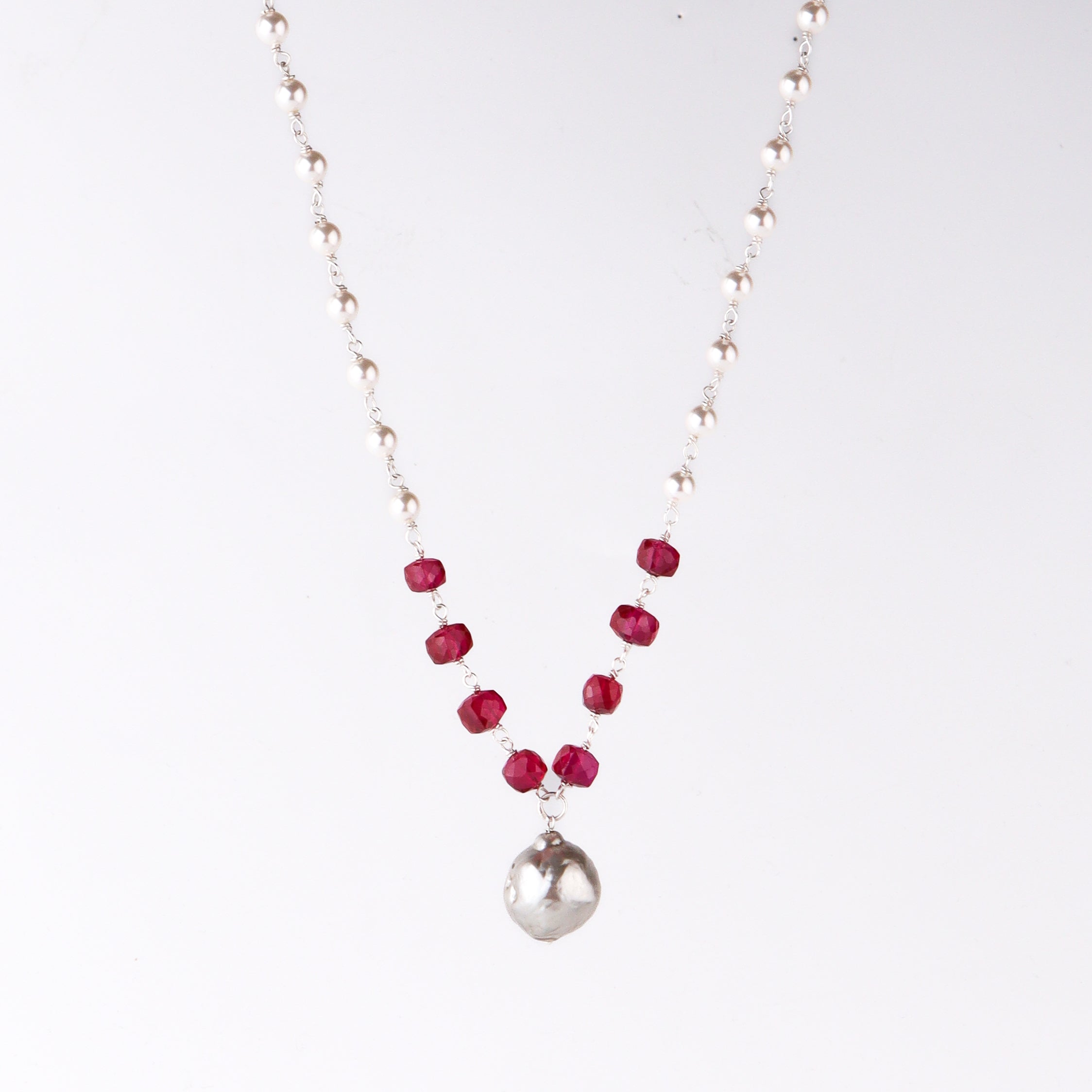 wear Silver Baroque Pearl Necklace with Ruby for ethnic look