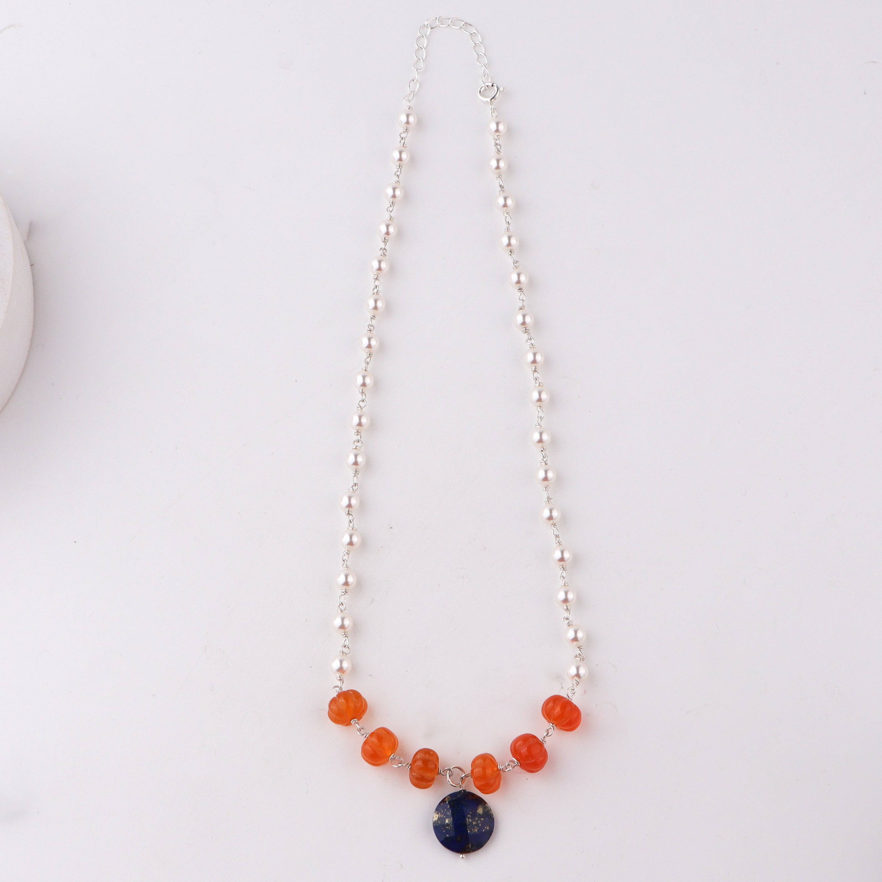 Lapis lazuli pearl silver necklace handcrafted detailing