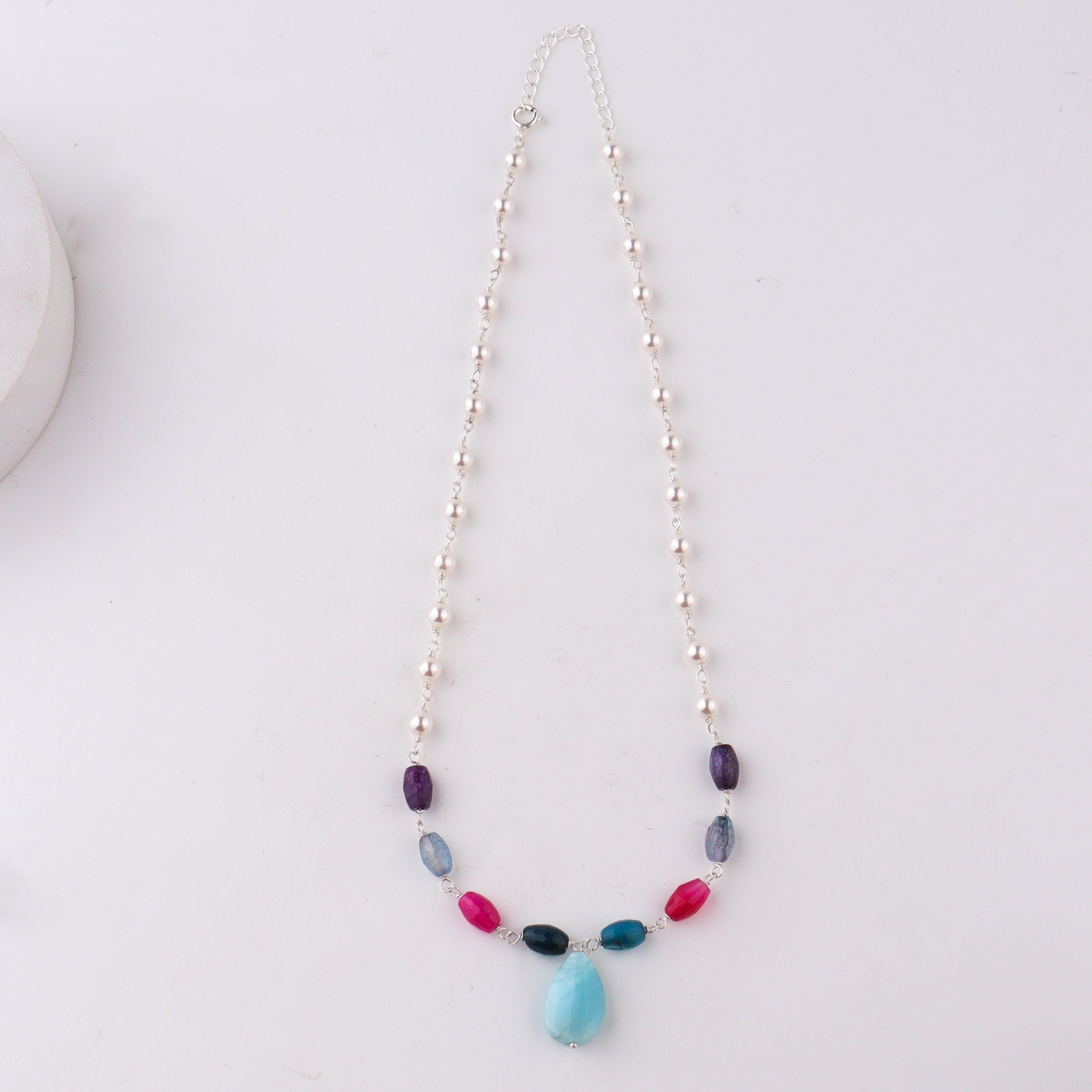 Multicolor pearl silver necklace with amazonite detailing
