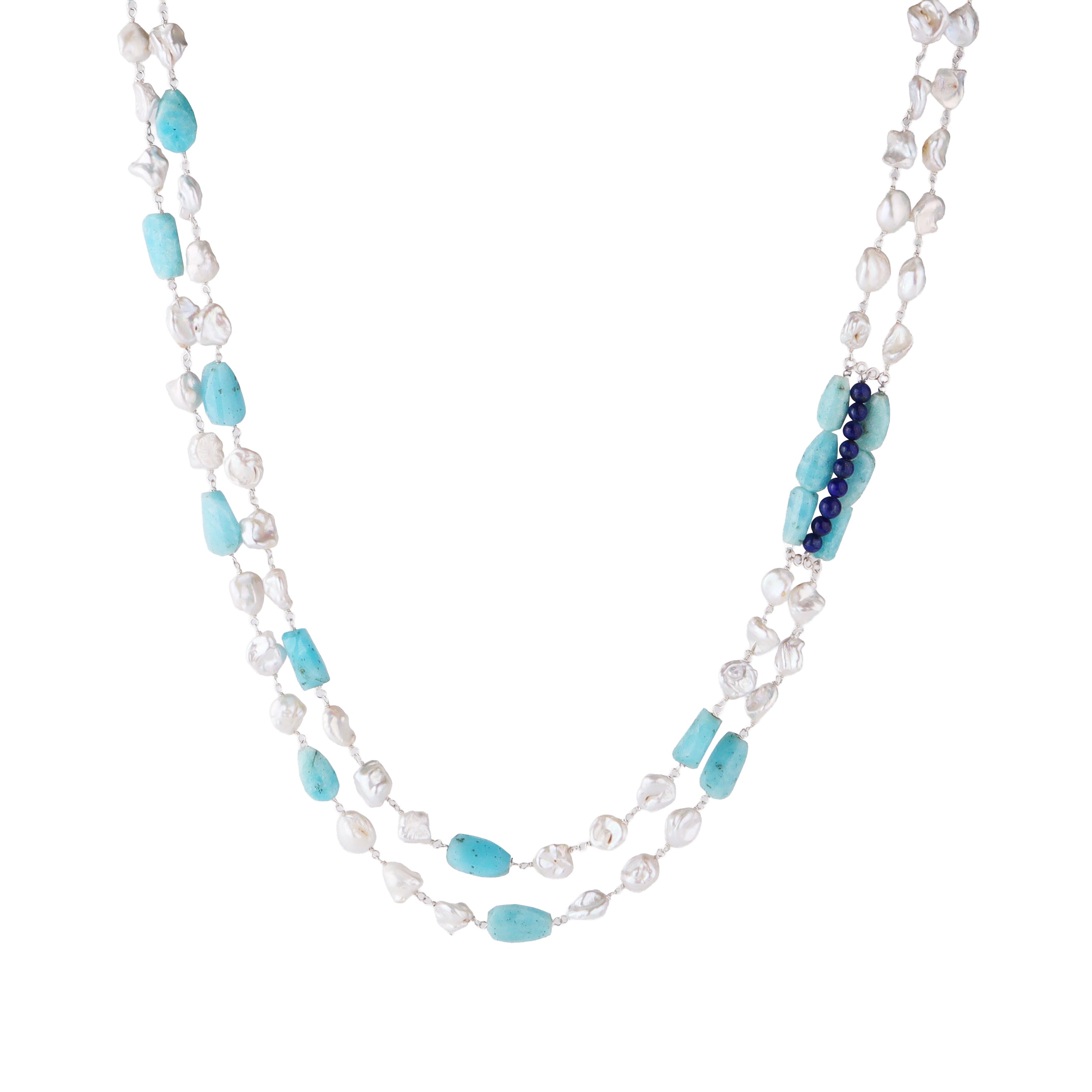 Luxe necklace with lapis lazuli larimar and baroque pearls in 92.5 sterling silver