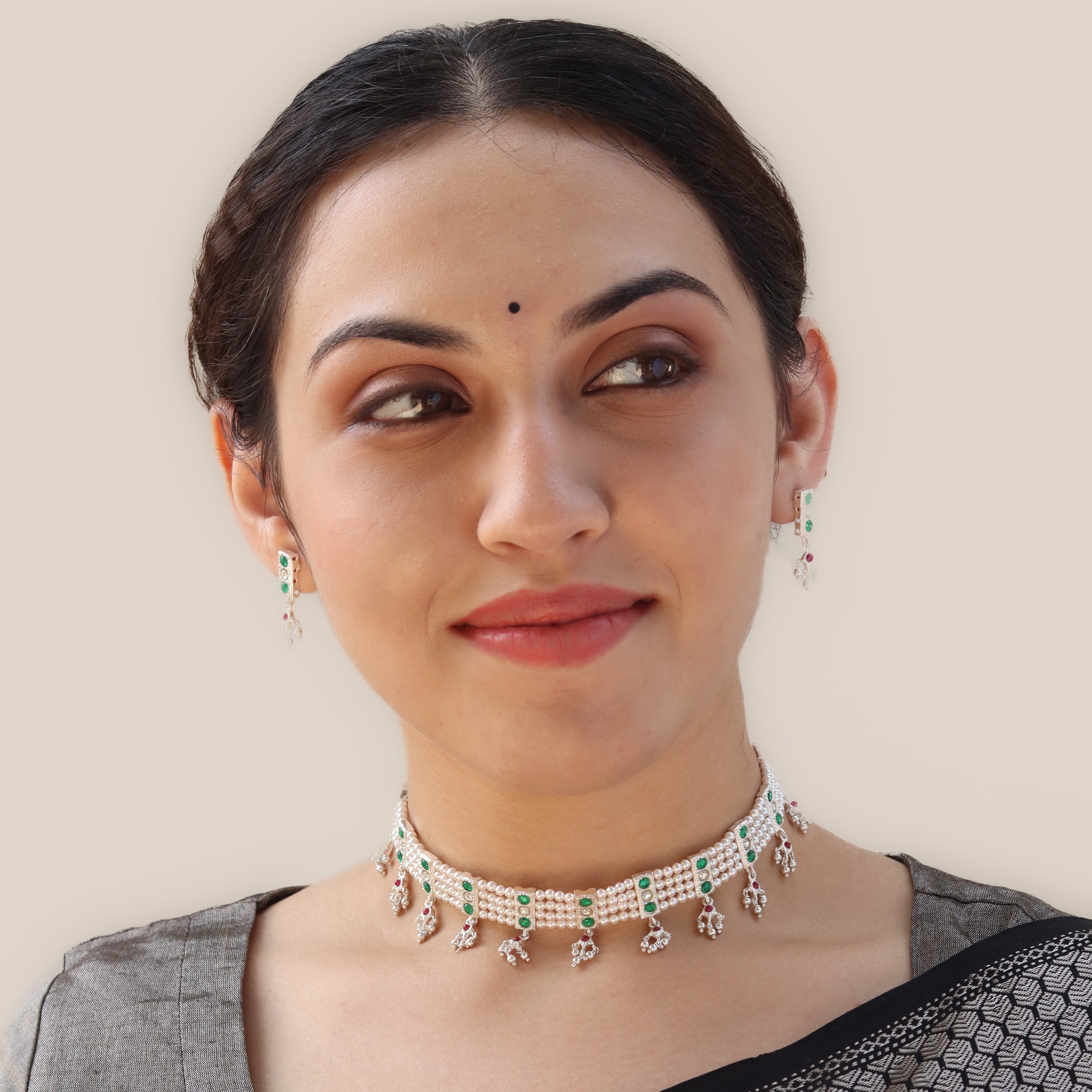 Silver Green Stone and Pearls Chinchapeti Set