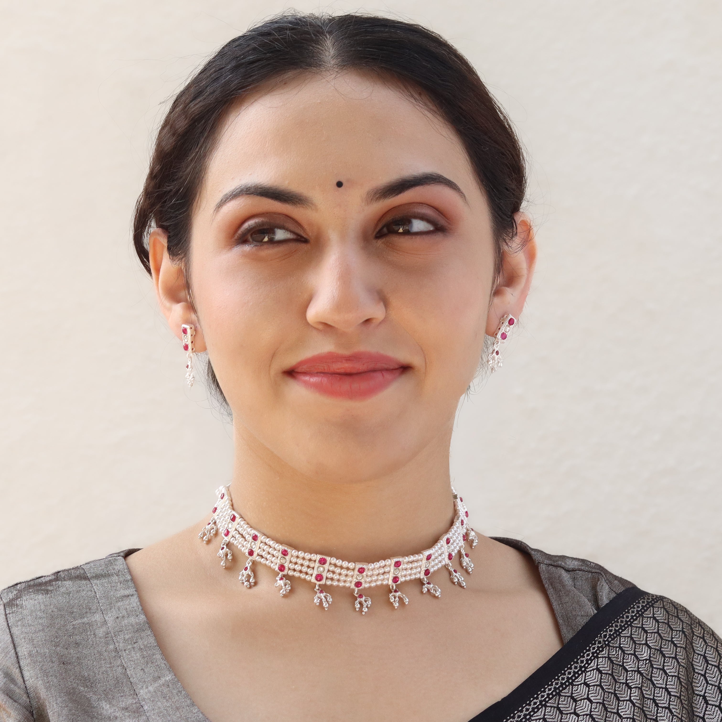 Silver Pink Stone and Pearls Chinchapeti Set