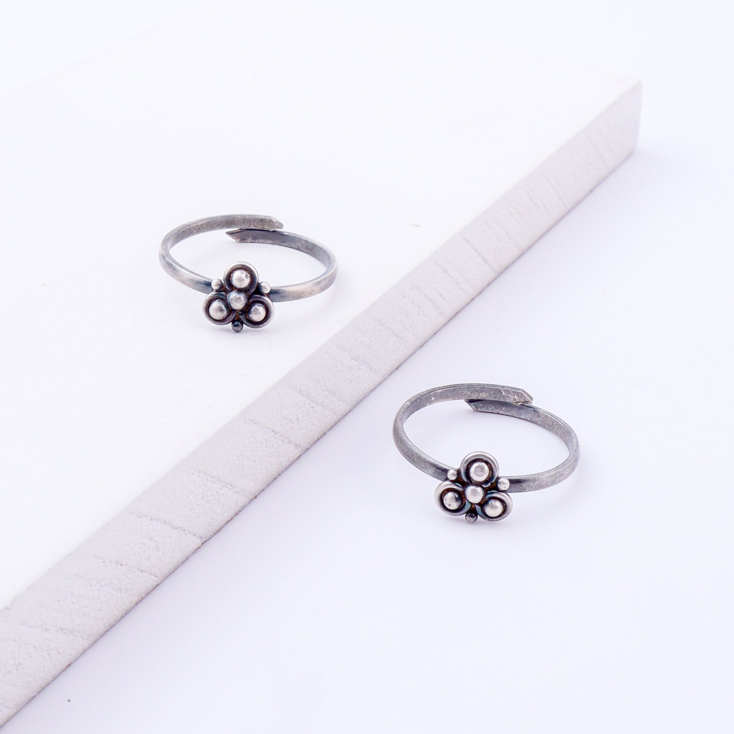 Close-up of Trillium three-petal detailing on silver toe ring