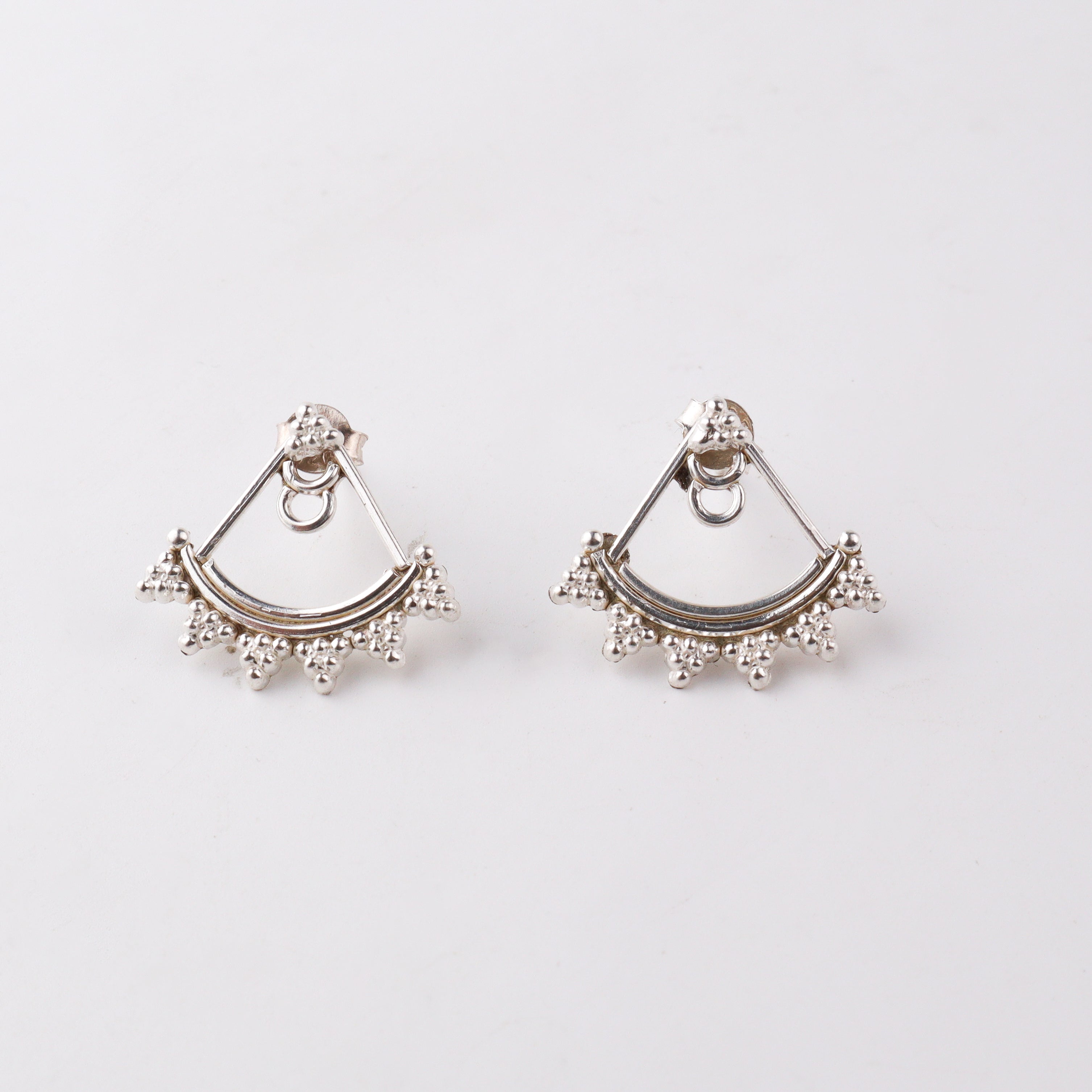 Handcrafted silver oxidized jacket earrings close-up detailing