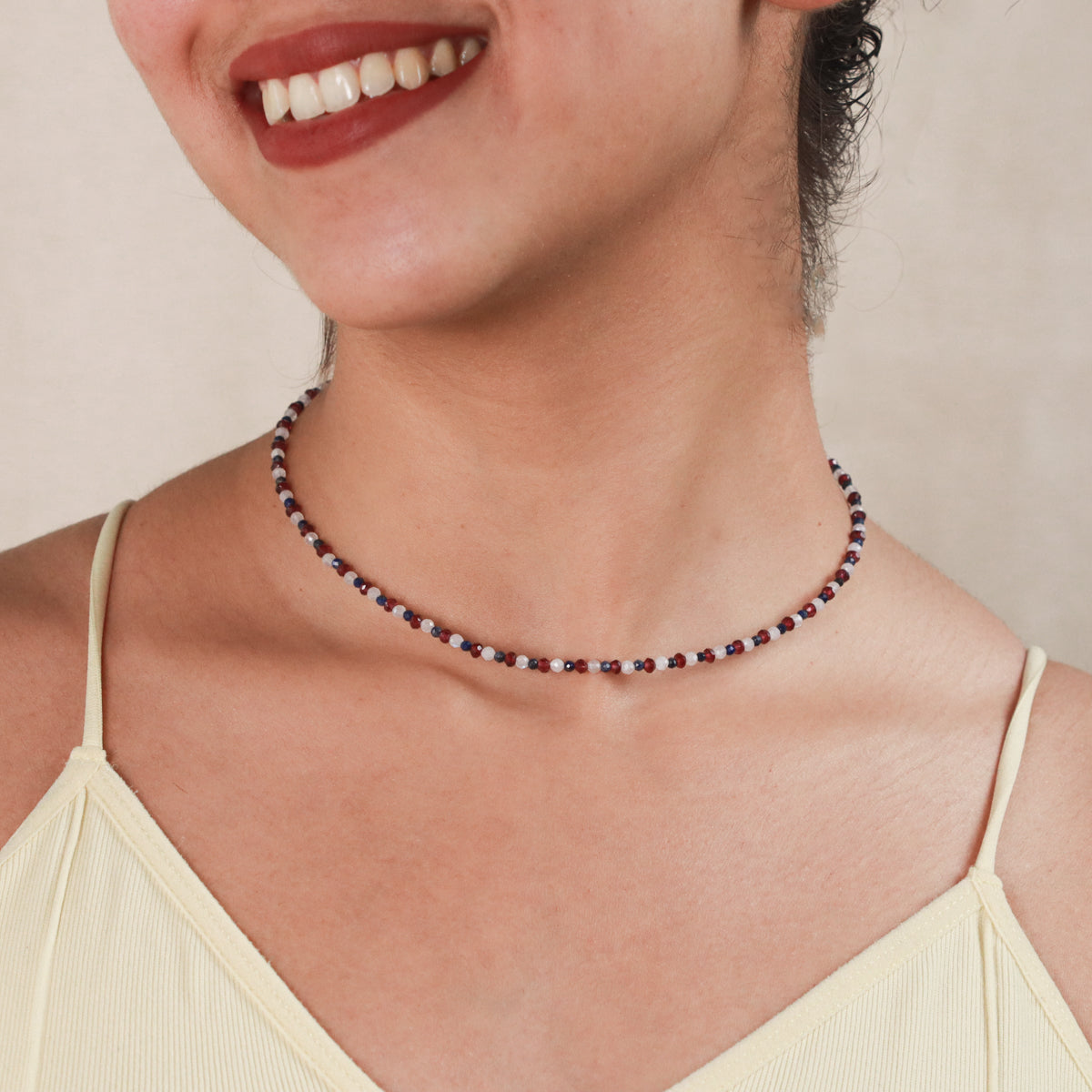 Moonstone, Garnet & Lapis Lazuli Silver Necklace