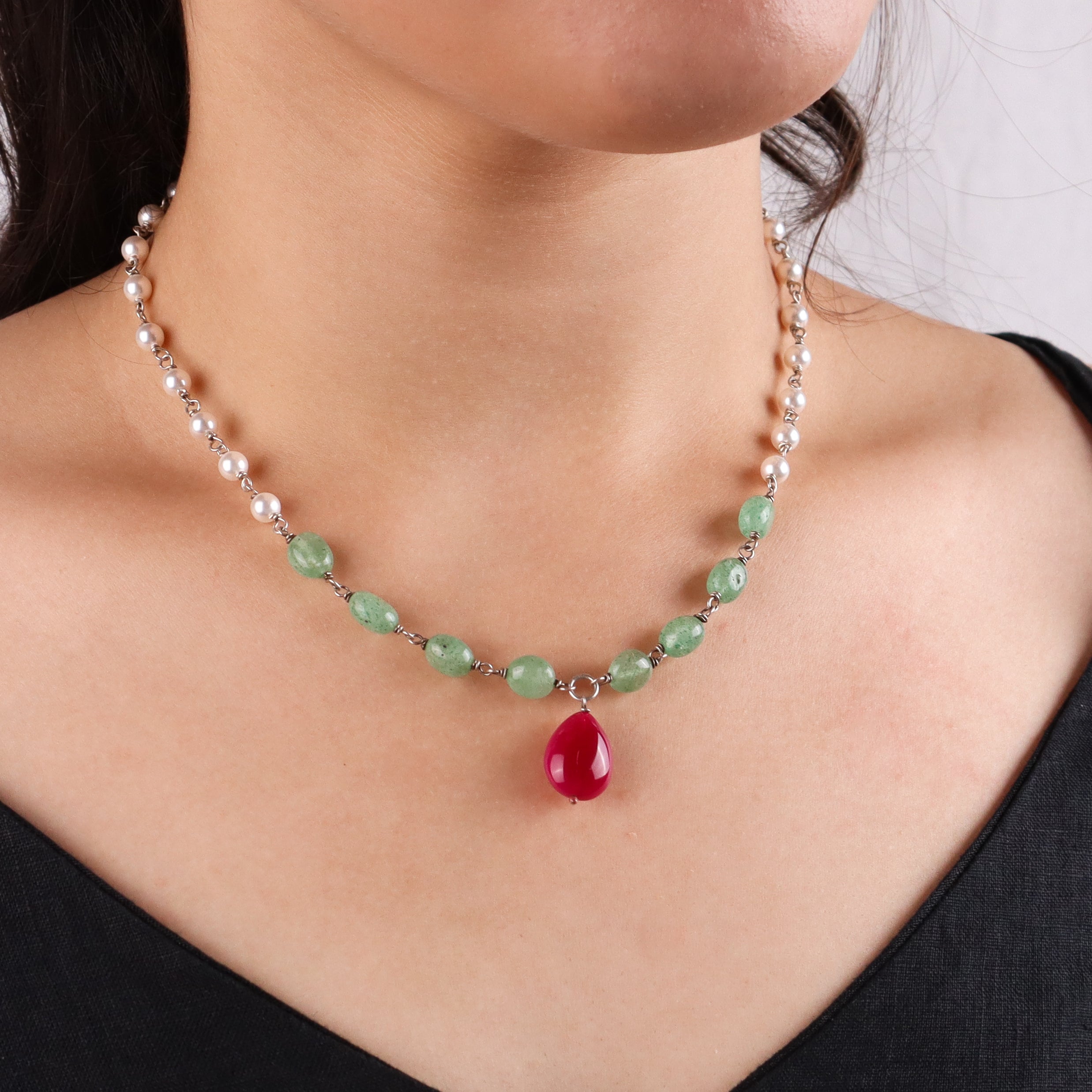 Silver Pearl Ganthan Ruby Necklace With Green Jade