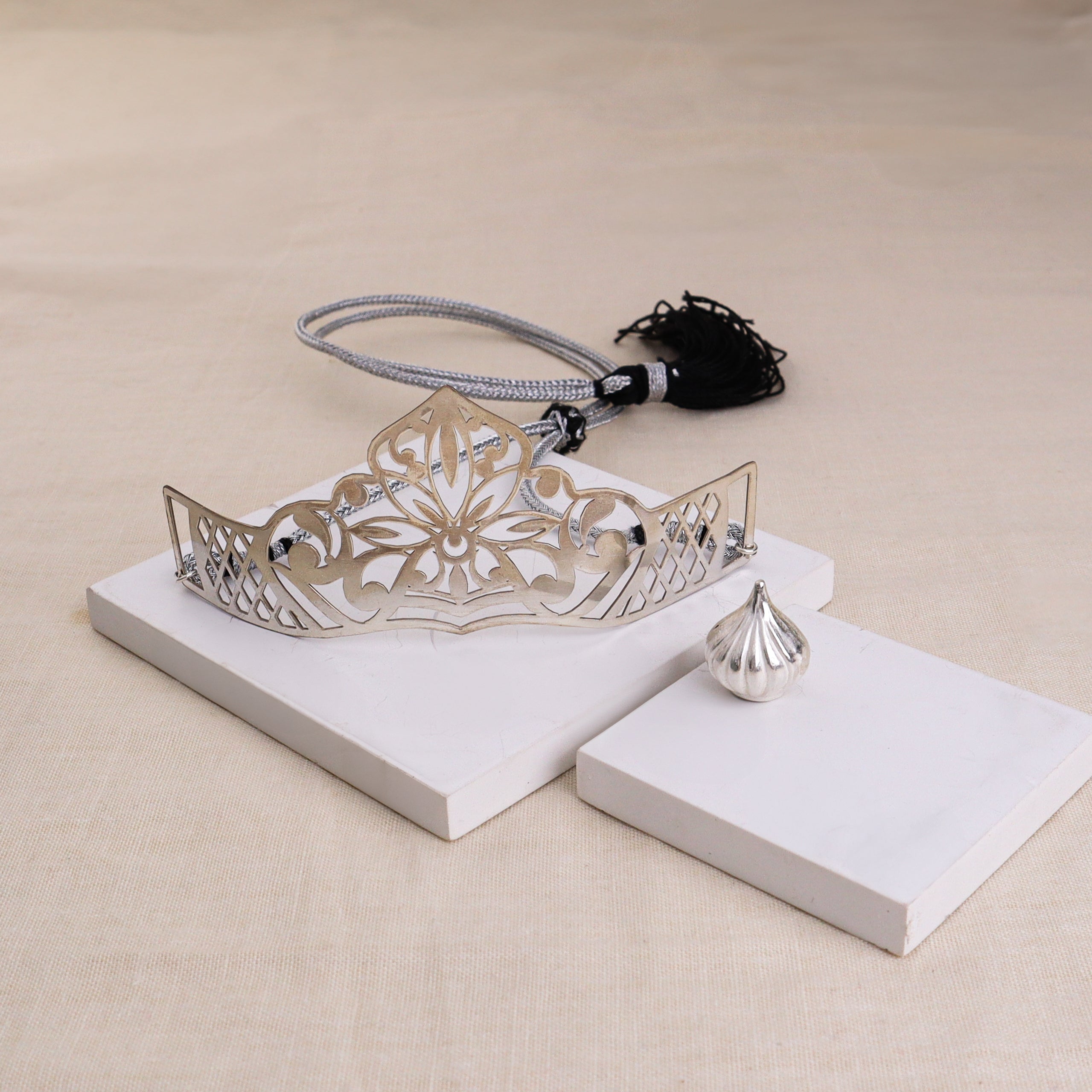 Silver Gift Set : Silver Floral filigree Mukut and Modak