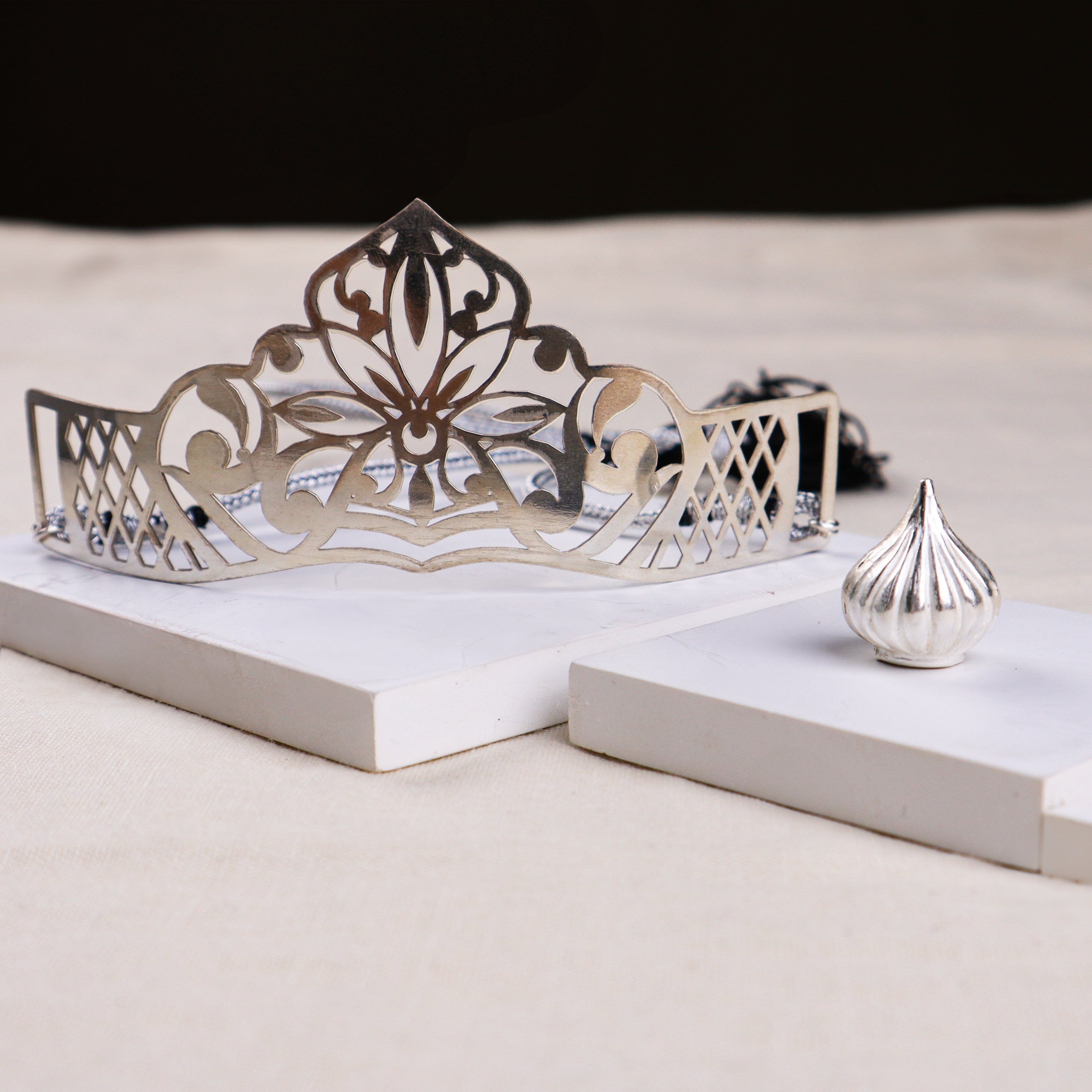 Silver Gift Set : Silver Floral filigree Mukut and Modak