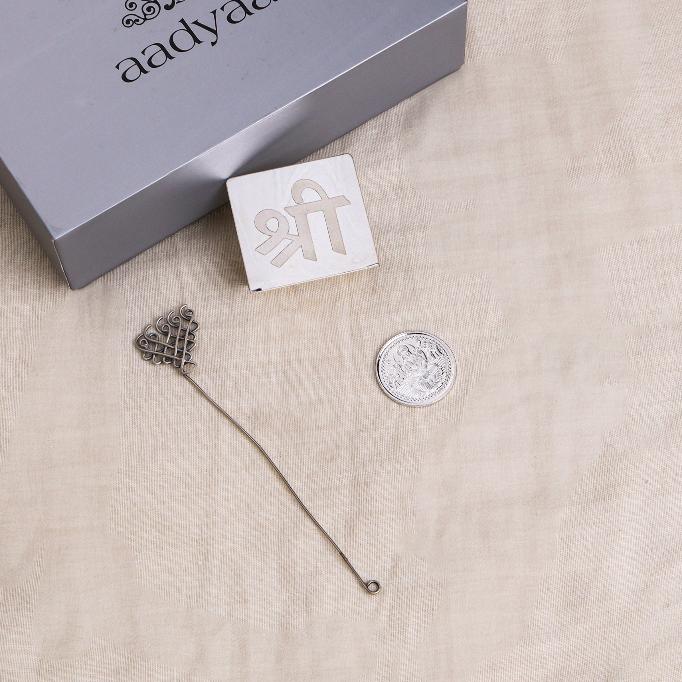 Silver Gift Set: Shree Silver Stand with Saraswati Bookmark and Aadyaa Coin