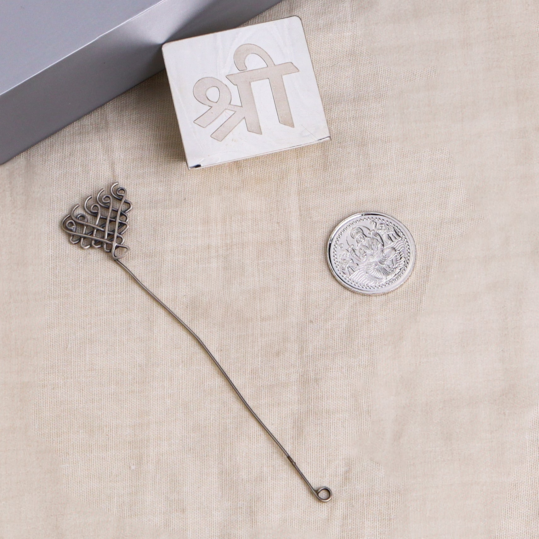 Silver Gift Set: Shree Silver Stand with Saraswati Bookmark and Aadyaa Coin