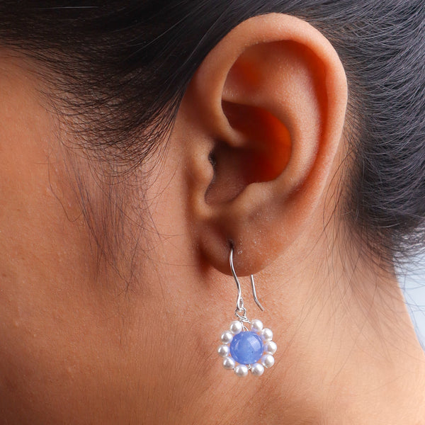 Blue Agate & Pearl Silver Earrings (Project Handmade)
