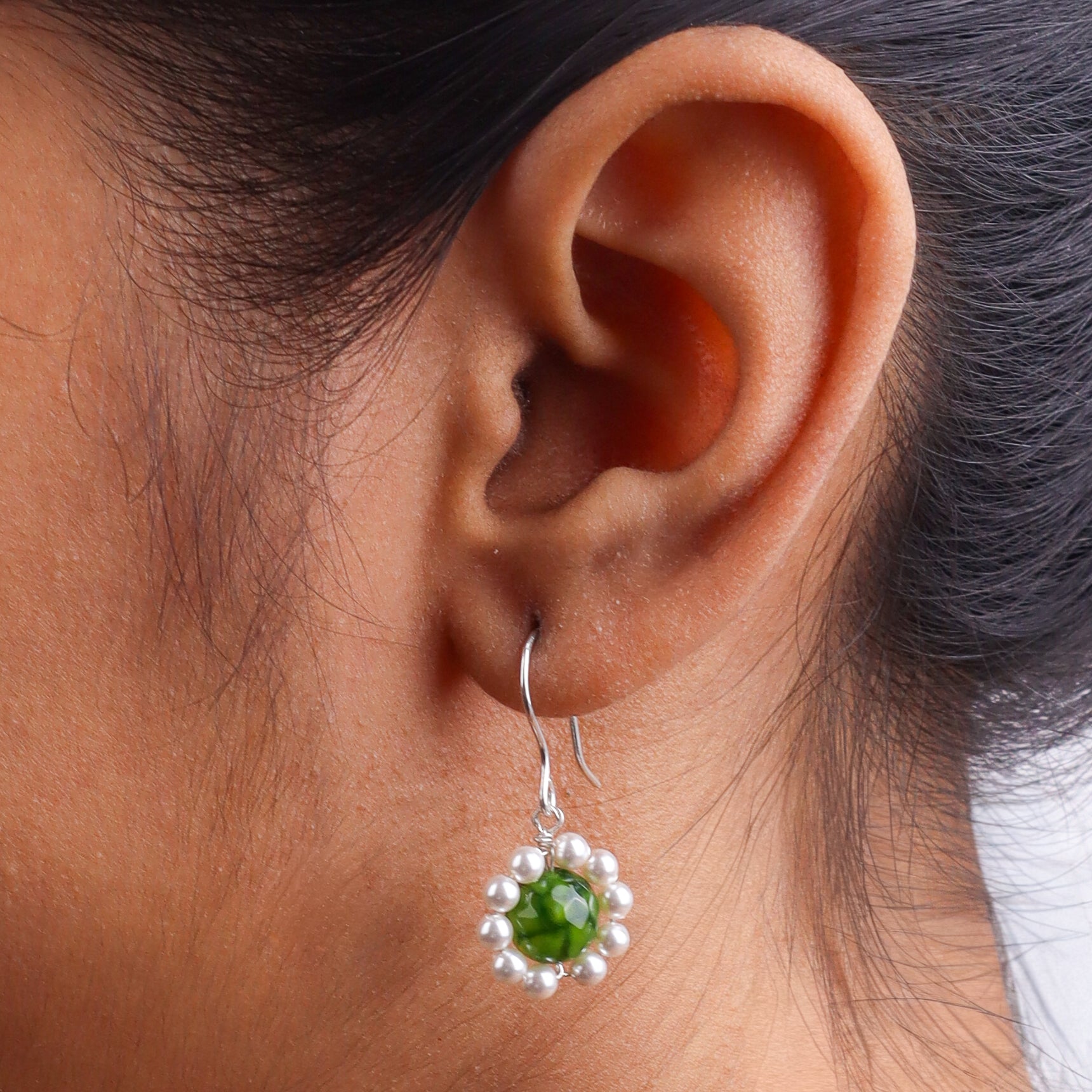 Green Agate & Pearl Silver Earrings (Project Handmade)