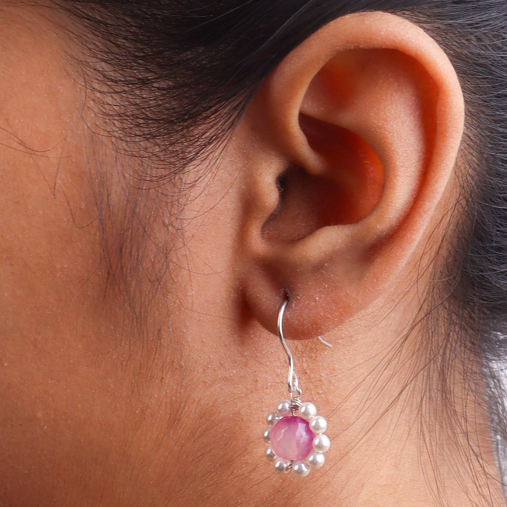 Pink Agate & Pearl Silver Earrings (Project Handmade)