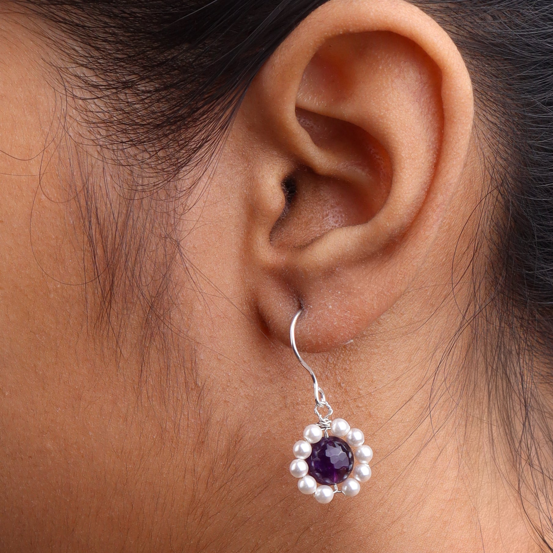 Purple Agate & Pearl Silver Earrings (Project Handmade)