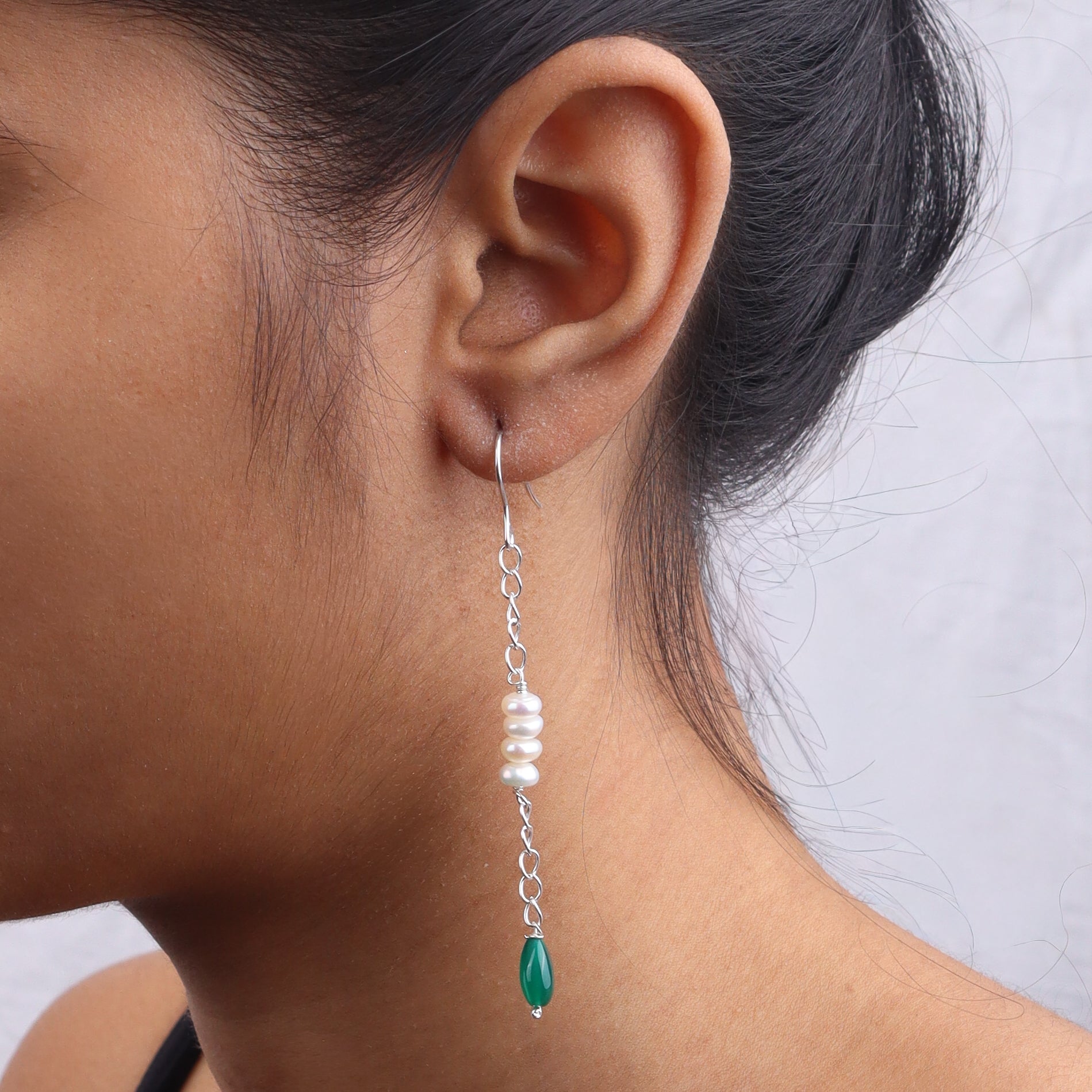 Green Onyx & Pearl Silver Earrings (Project Handmade)