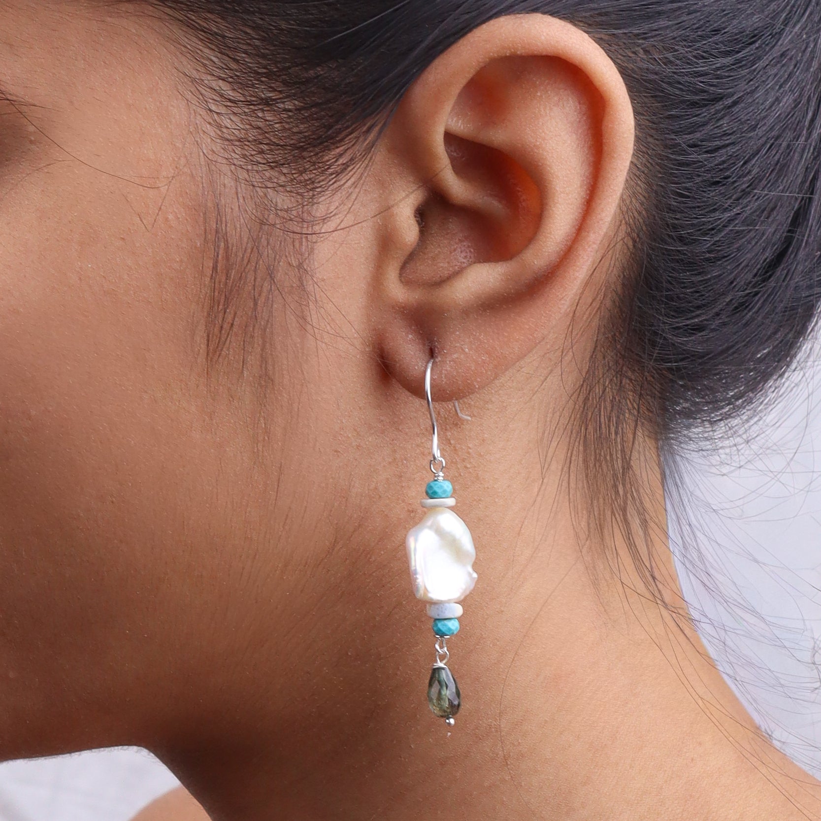 Baroque Pearl, Turquoise & Tourmaline Silver Earrings (Project Handmade)