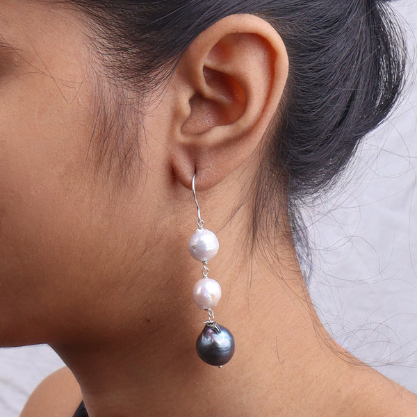 Black & White Baroque Pearl Silver Earrings (Project Handmade)