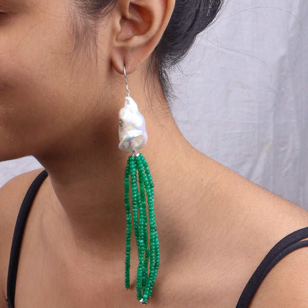 Baroque Pearl & Green Bead Silver Earrings (Project Handmade)