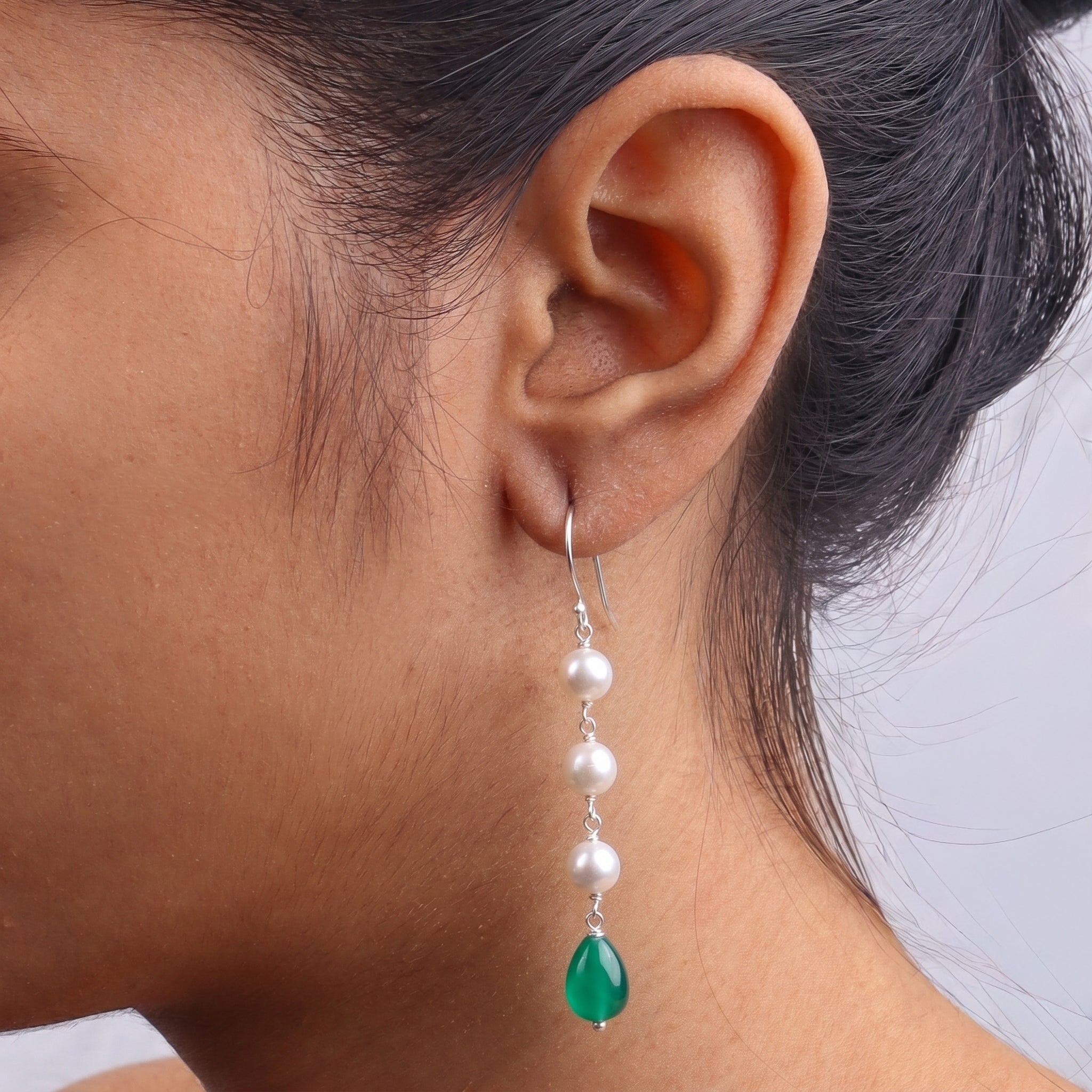 Freshwater Pearl & Green Onyx Silver Earrings (Project Handmade)