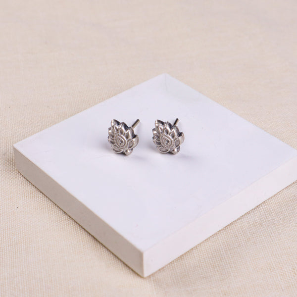 Silver Leafy Petal Stud earrings on display