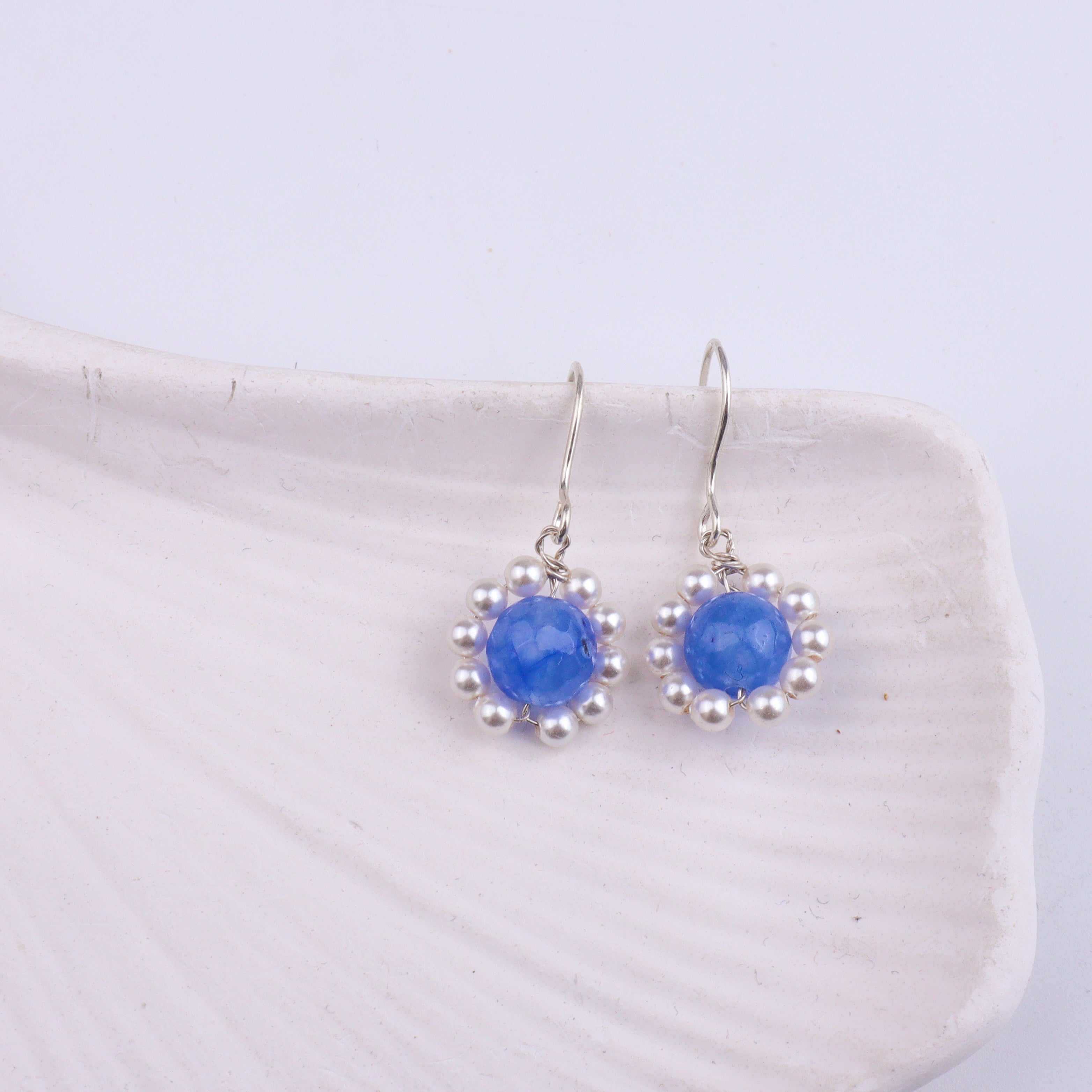 Blue Agate & Pearl Silver Earrings (Project Handmade)