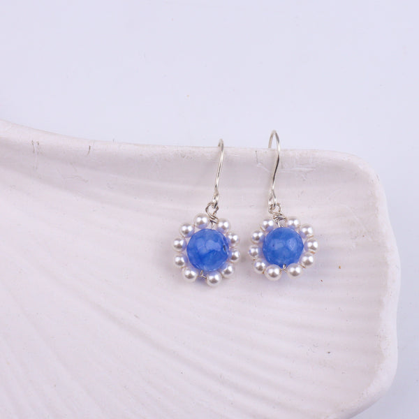 Blue Agate & Pearl Silver Earrings (Project Handmade)