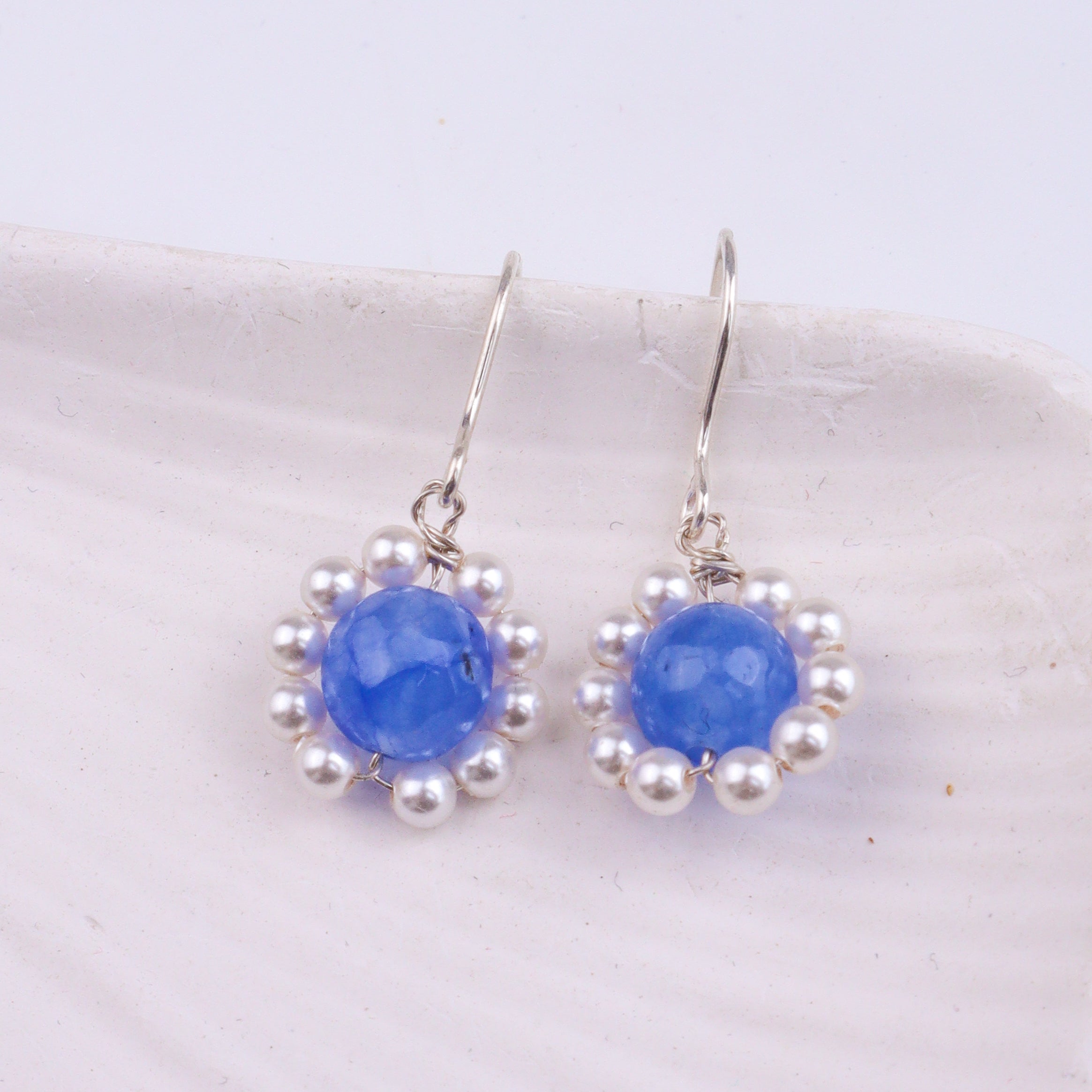 Blue Agate & Pearl Silver Earrings (Project Handmade)