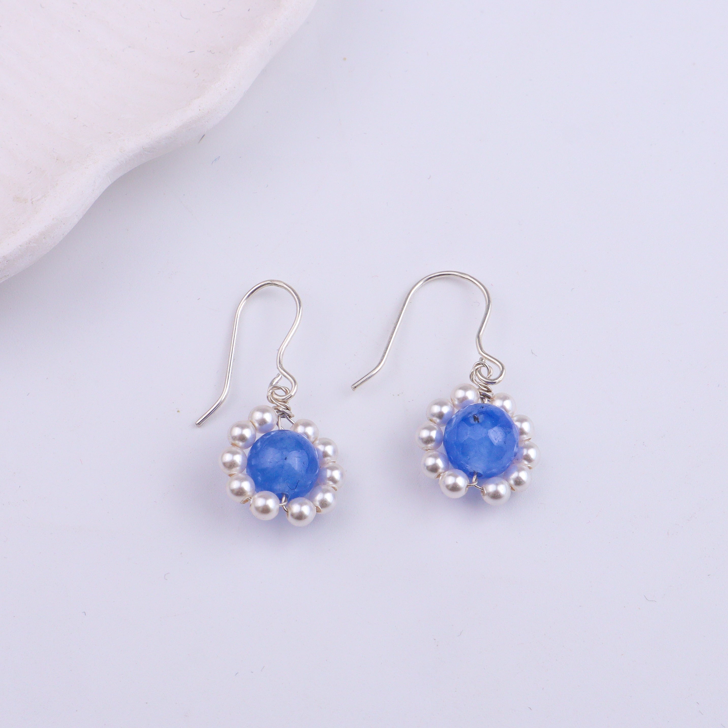 Blue Agate & Pearl Silver Earrings (Project Handmade)