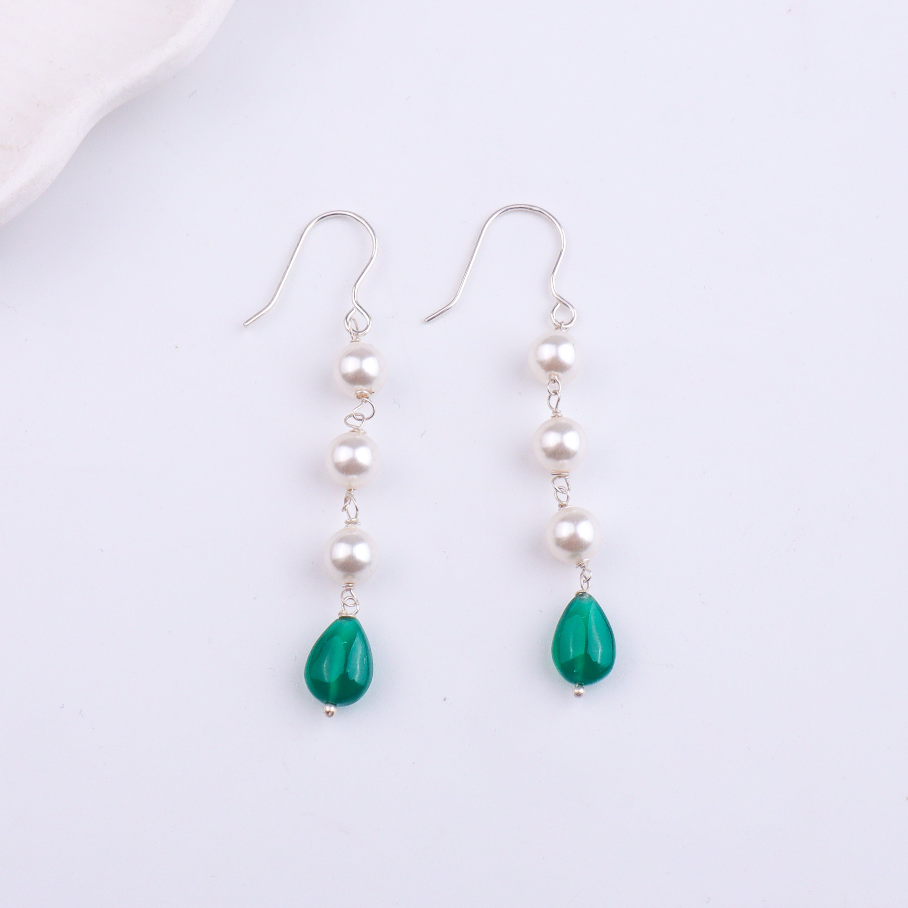 Freshwater Pearl & Green Onyx Silver Earrings (Project Handmade)