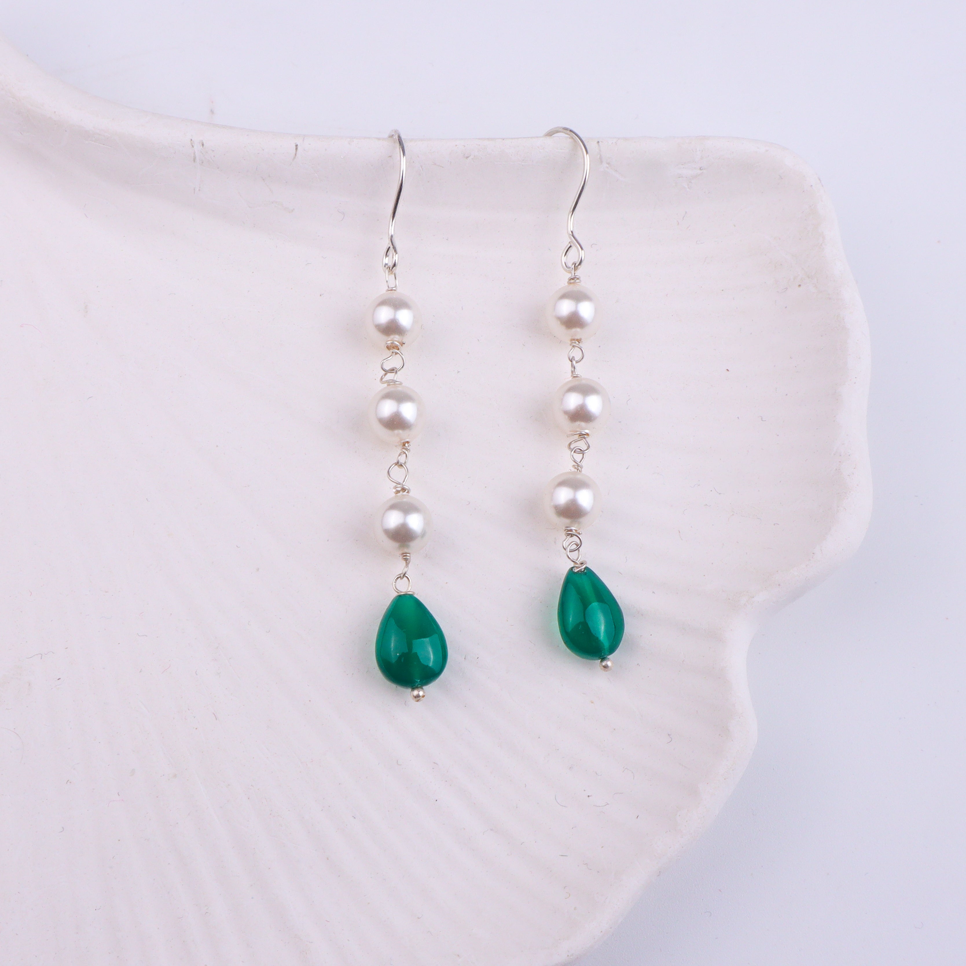 Freshwater Pearl & Green Onyx Silver Earrings (Project Handmade)