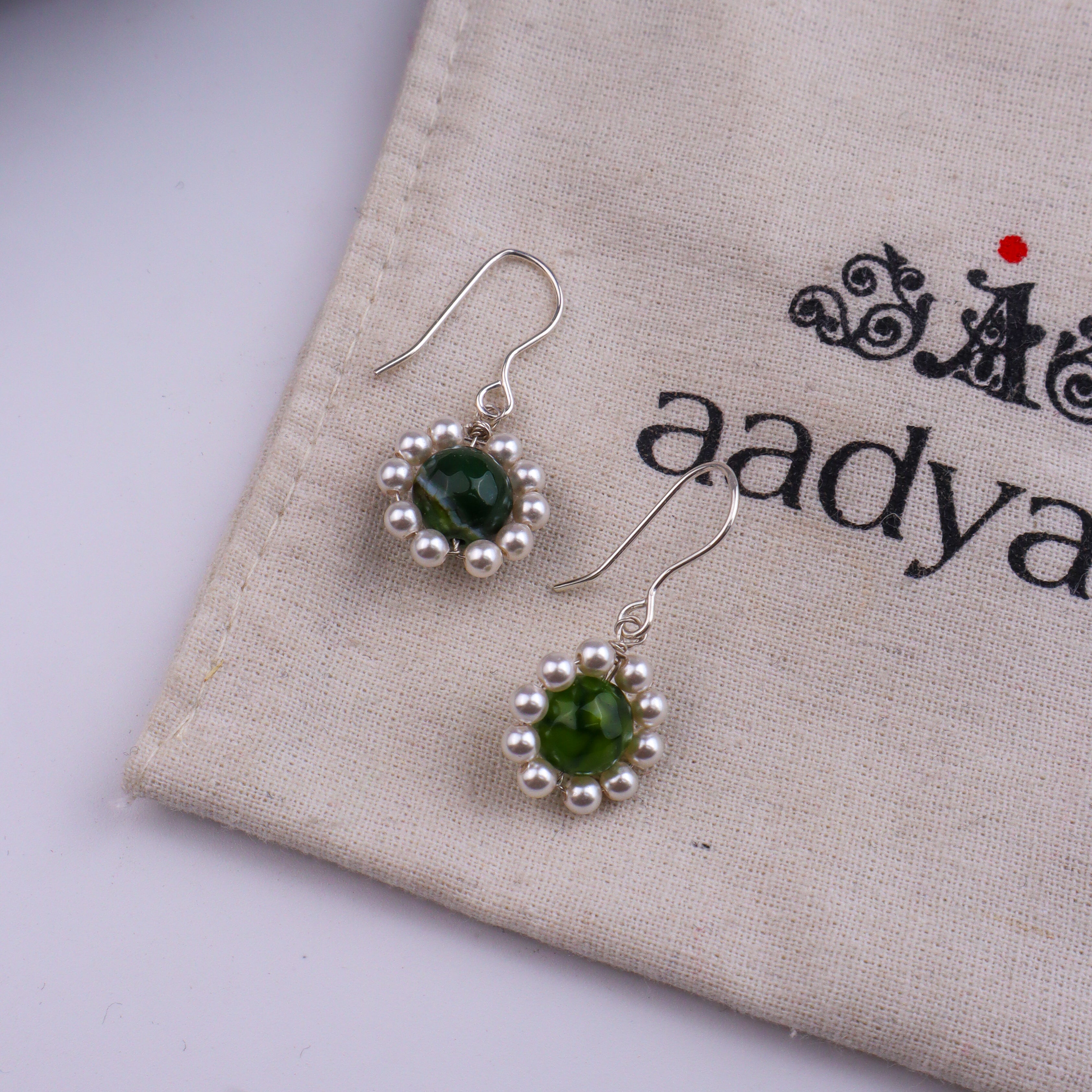 Green Agate & Pearl Silver Earrings (Project Handmade)
