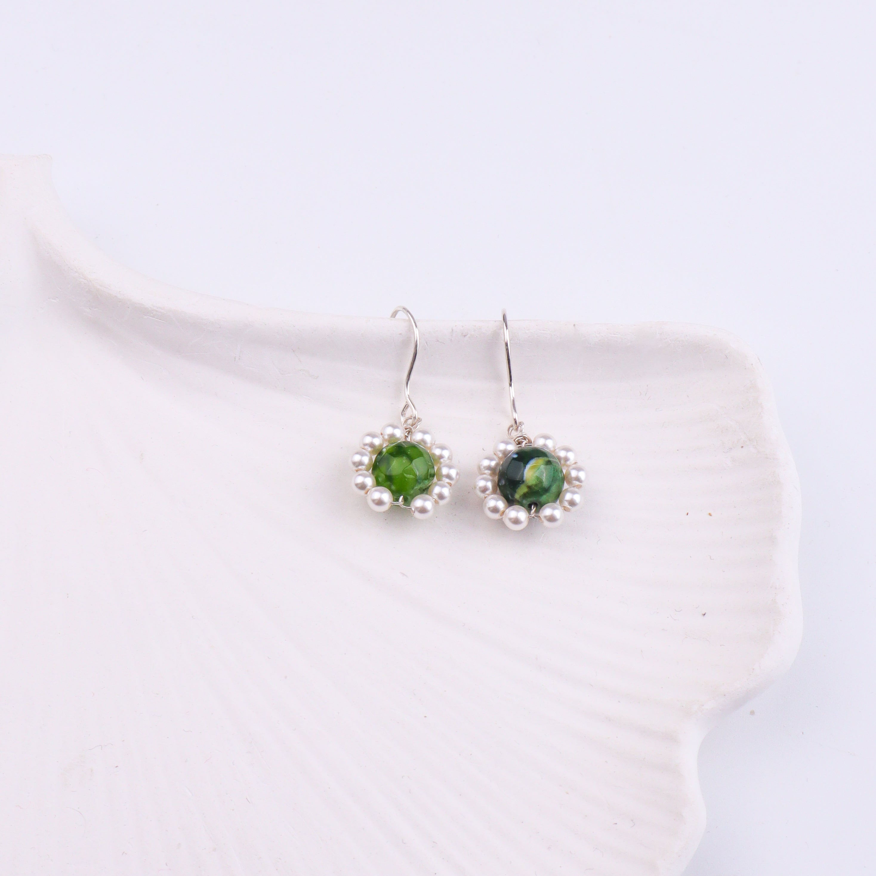 Green Agate & Pearl Silver Earrings (Project Handmade)