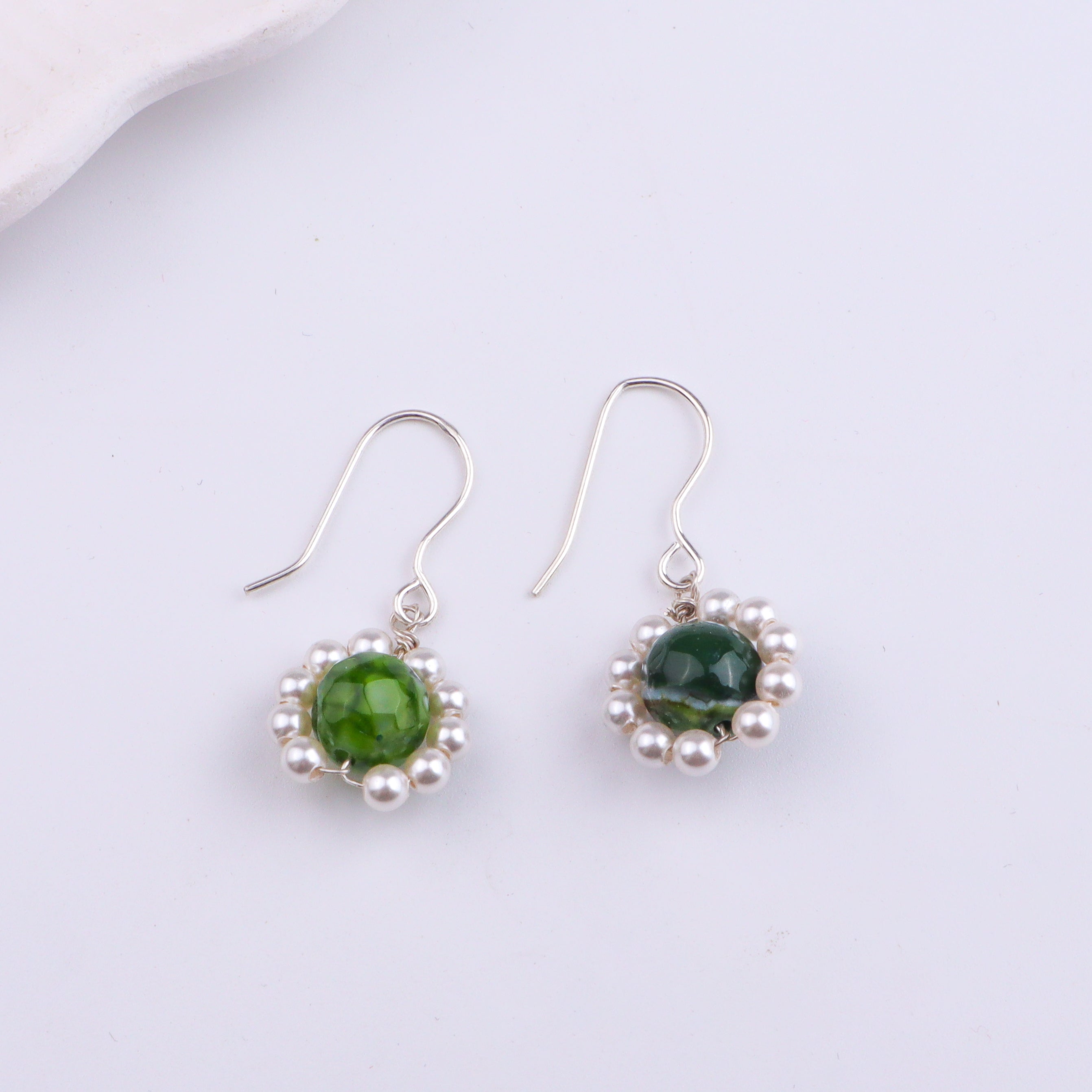 Green Agate & Pearl Silver Earrings (Project Handmade)