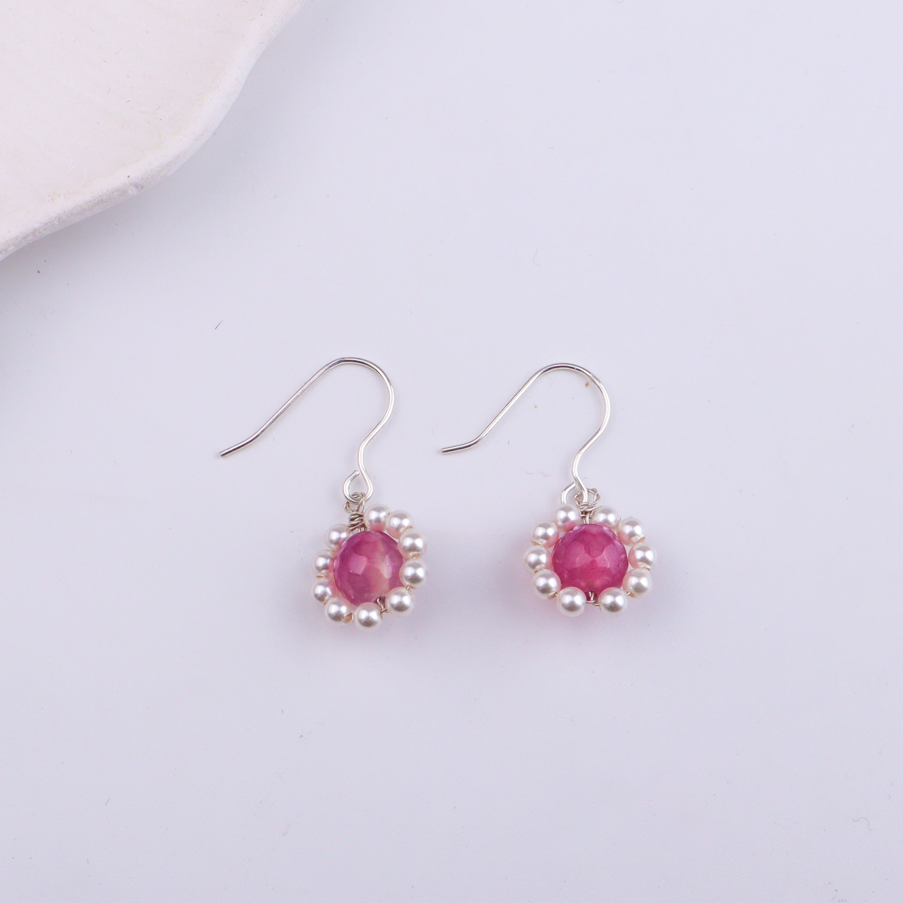 Pink Agate & Pearl Silver Earrings (Project Handmade)