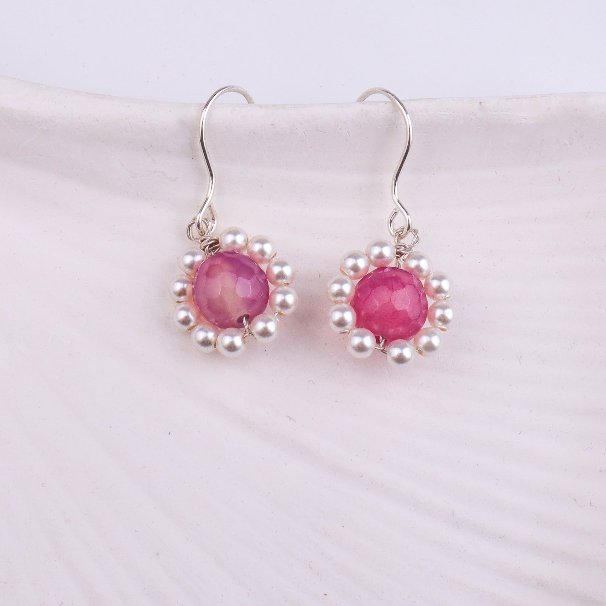 Pink Agate & Pearl Silver Earrings (Project Handmade)